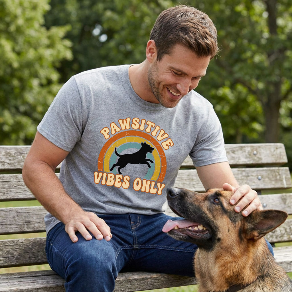Man in a grey "Pawsitive Vibes Only" t-shirt petting a German Shepherd on a park bench.