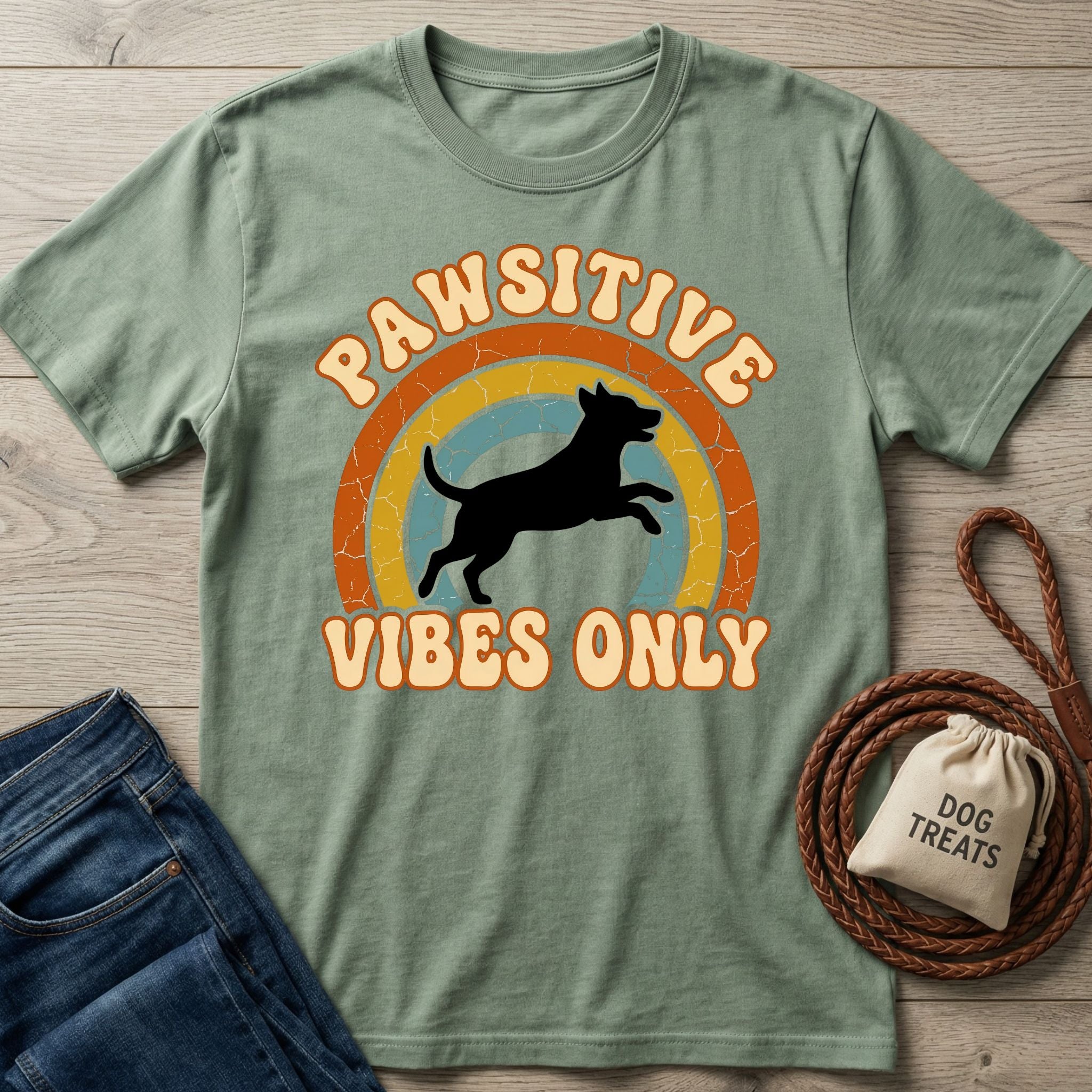 Sage green Pawsitive Vibes Only t-shirt with a black dog graphic, next to jeans and dog treats.