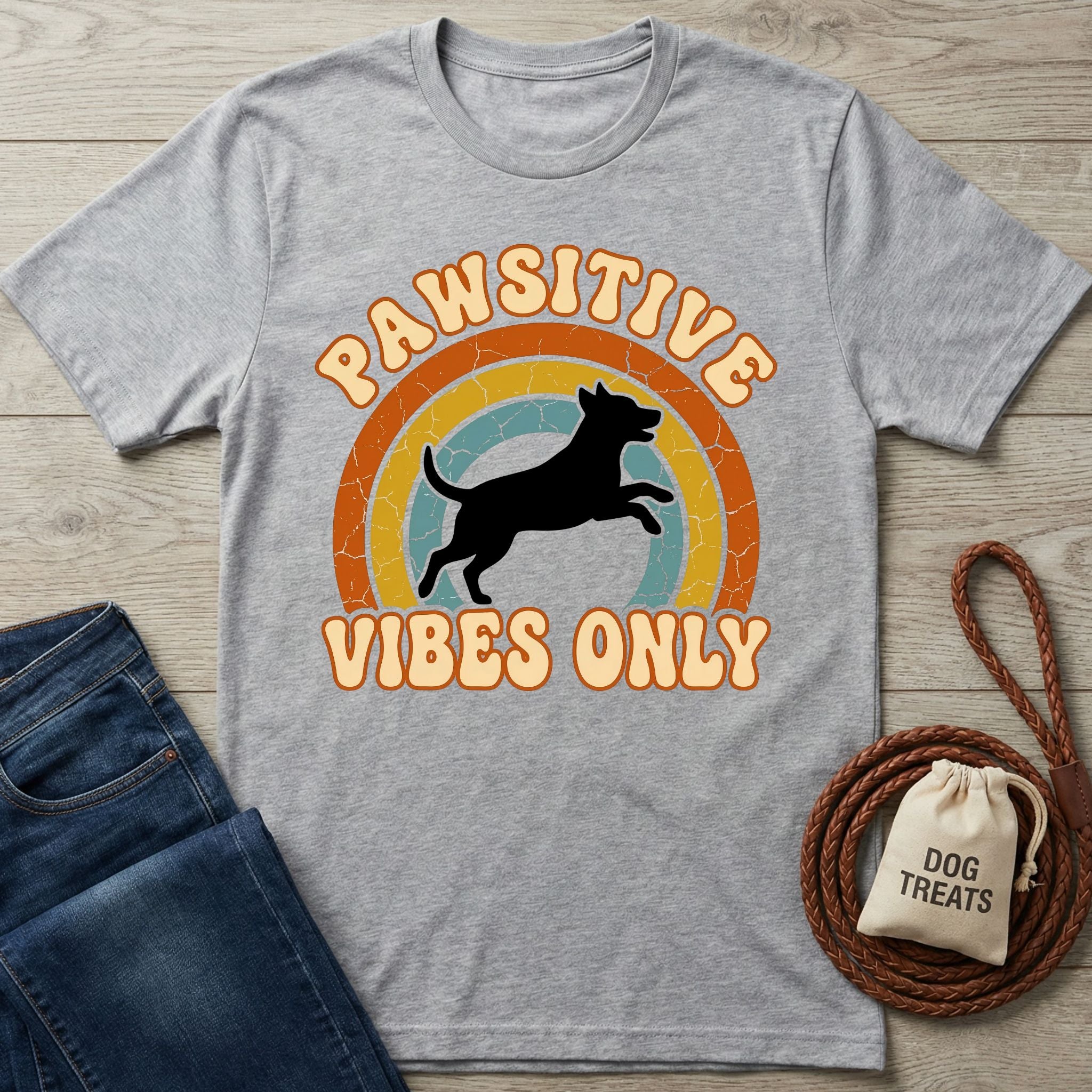 Light grey Gildan Softstyle® t-shirt with "Pawsitive Vibes Only" text and a black dog silhouette.
