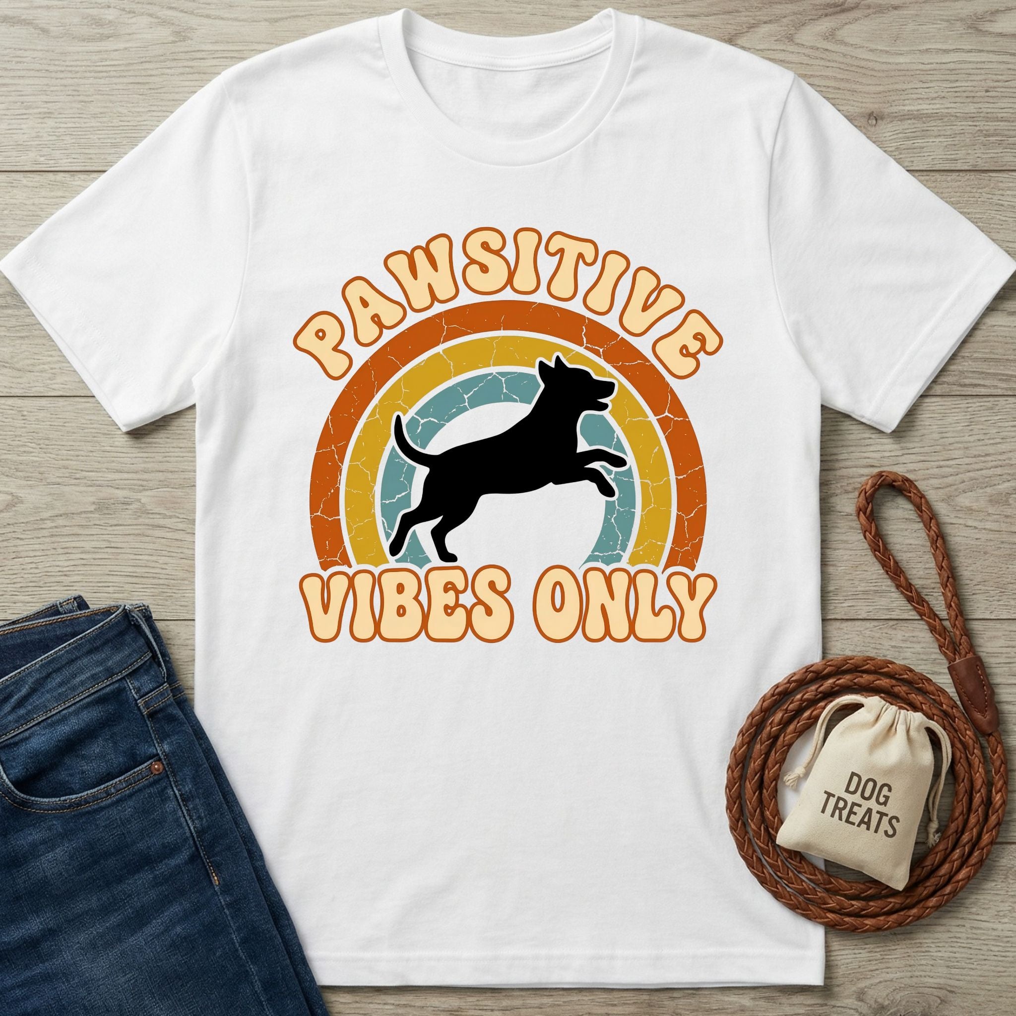 White Gildan Softstyle® 64000 tee with "Pawsitive Vibes Only" text, a jumping dog silhouette, and a retro rainbow.
