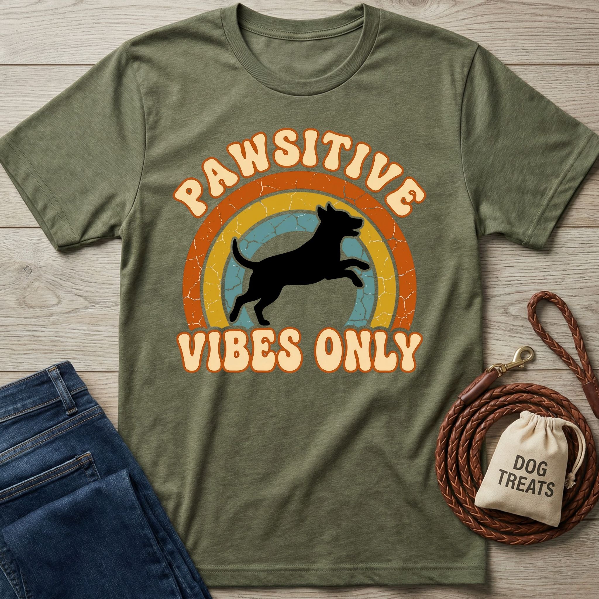 Olive green "Pawsitive Vibes Only" t-shirt with a dog silhouette and rainbow design, next to jeans and a dog leash.