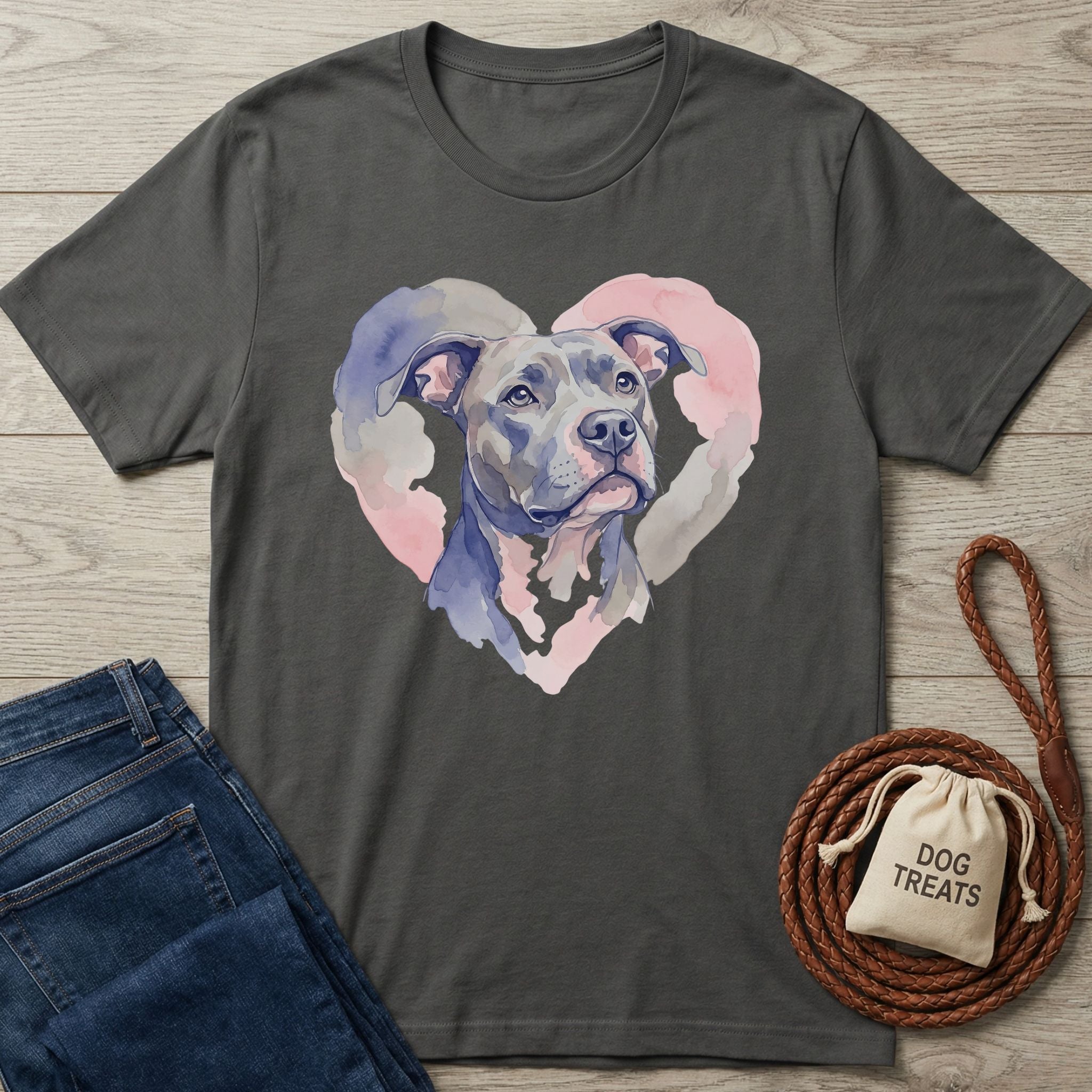 Charcoal grey t-shirt with a watercolor pitbull in a pink and purple heart design, next to jeans and dog treats.