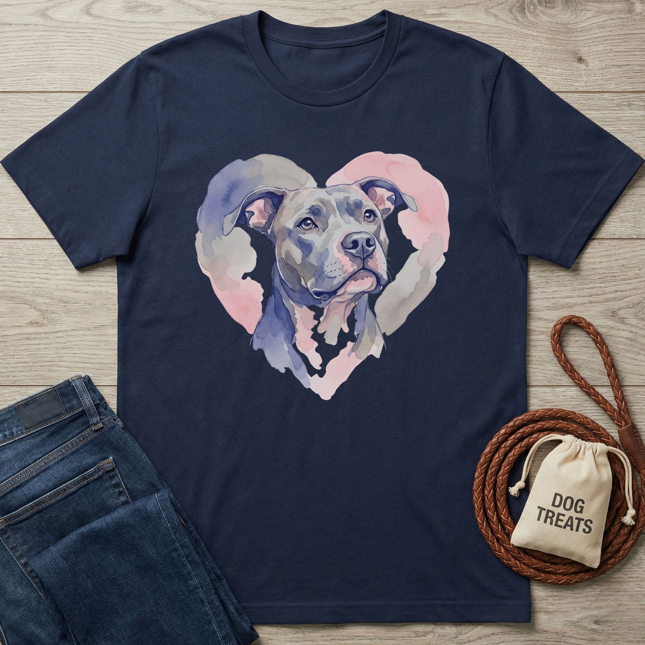 Navy blue Pitbull Heart T-shirt with a watercolor pitbull in a pink heart, next to jeans and dog treats.