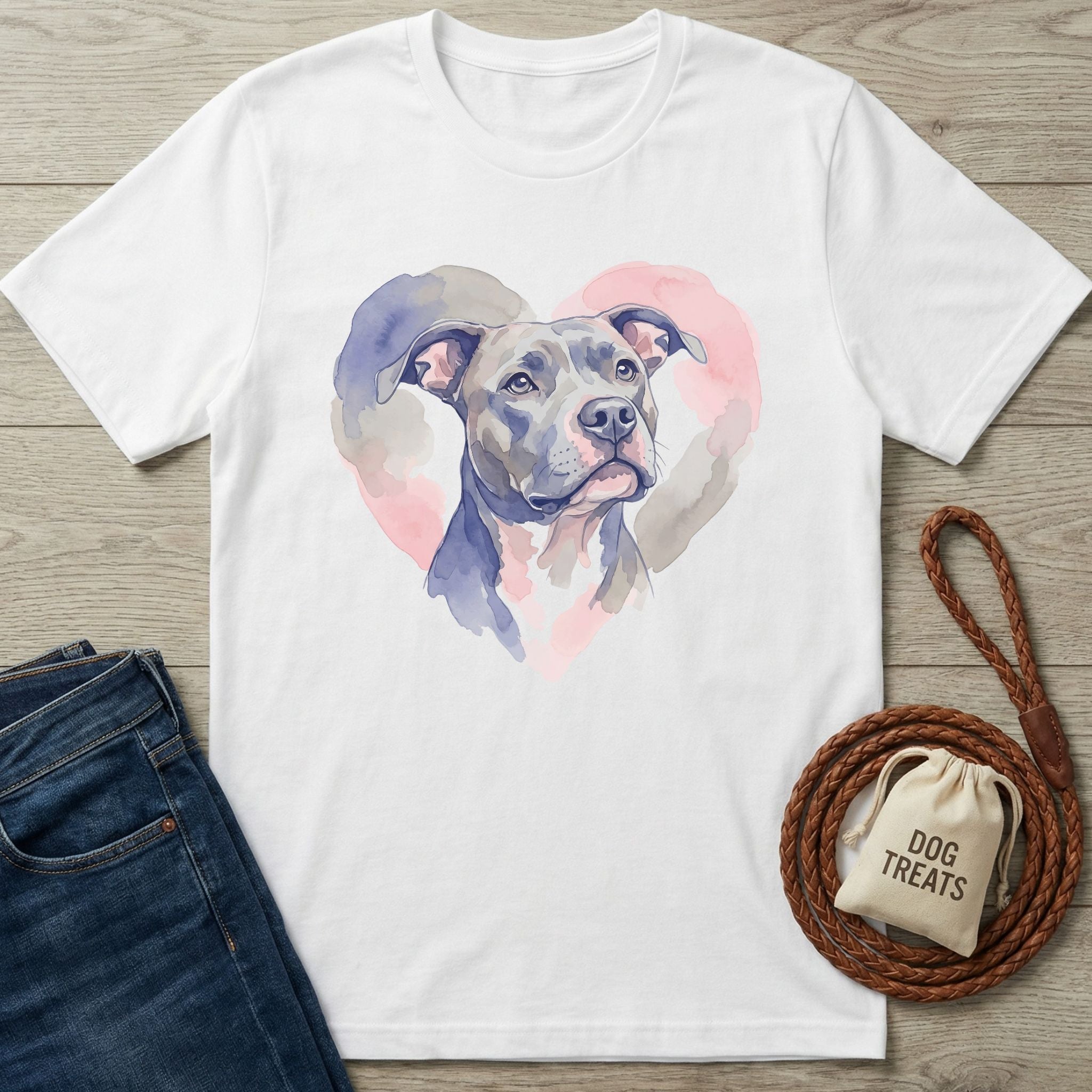 White Gildan Softstyle t-shirt with a watercolor pitbull portrait in a pink and grey heart.