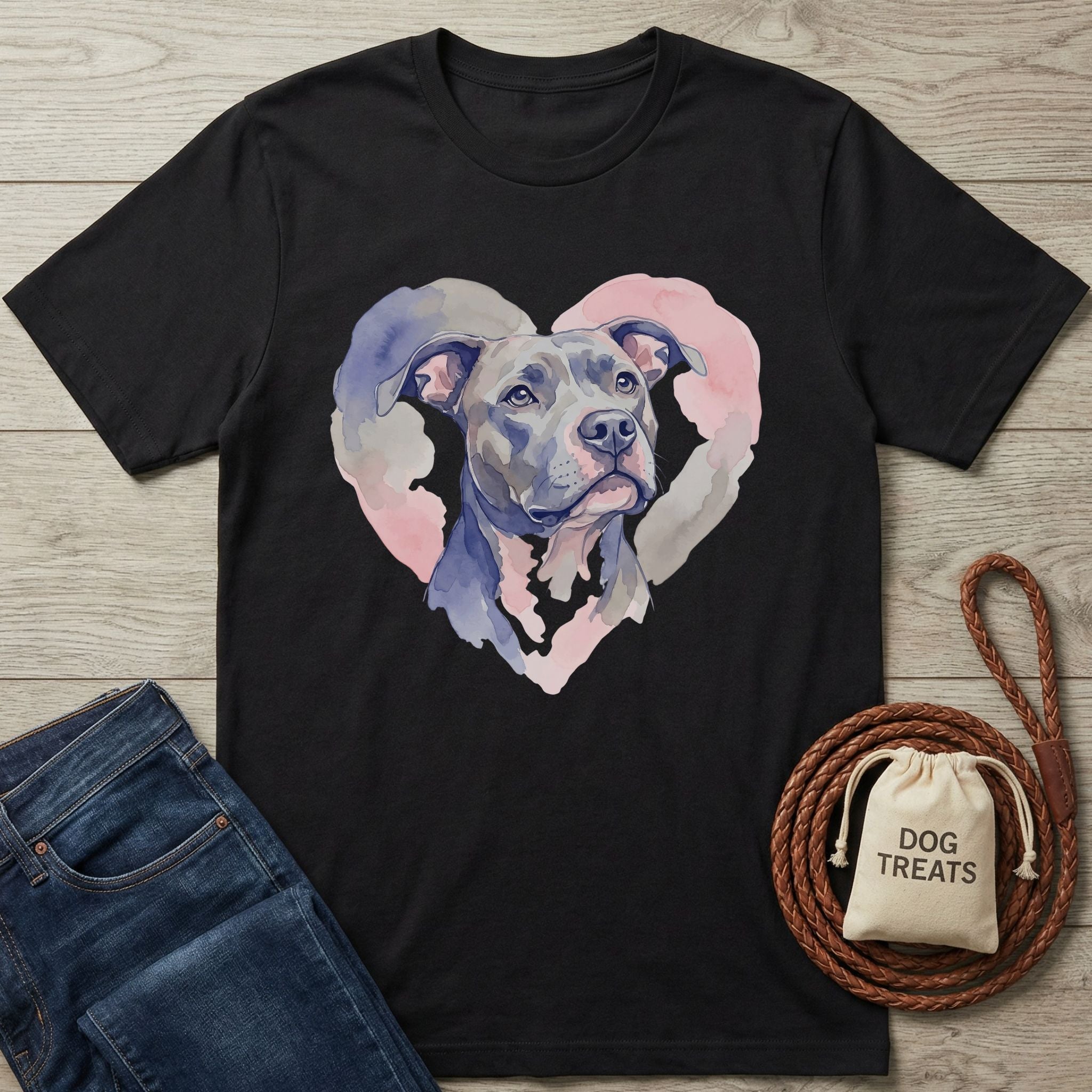 Black Gildan Softstyle t-shirt with a watercolor pitbull in a pink heart design, next to jeans and dog treats.