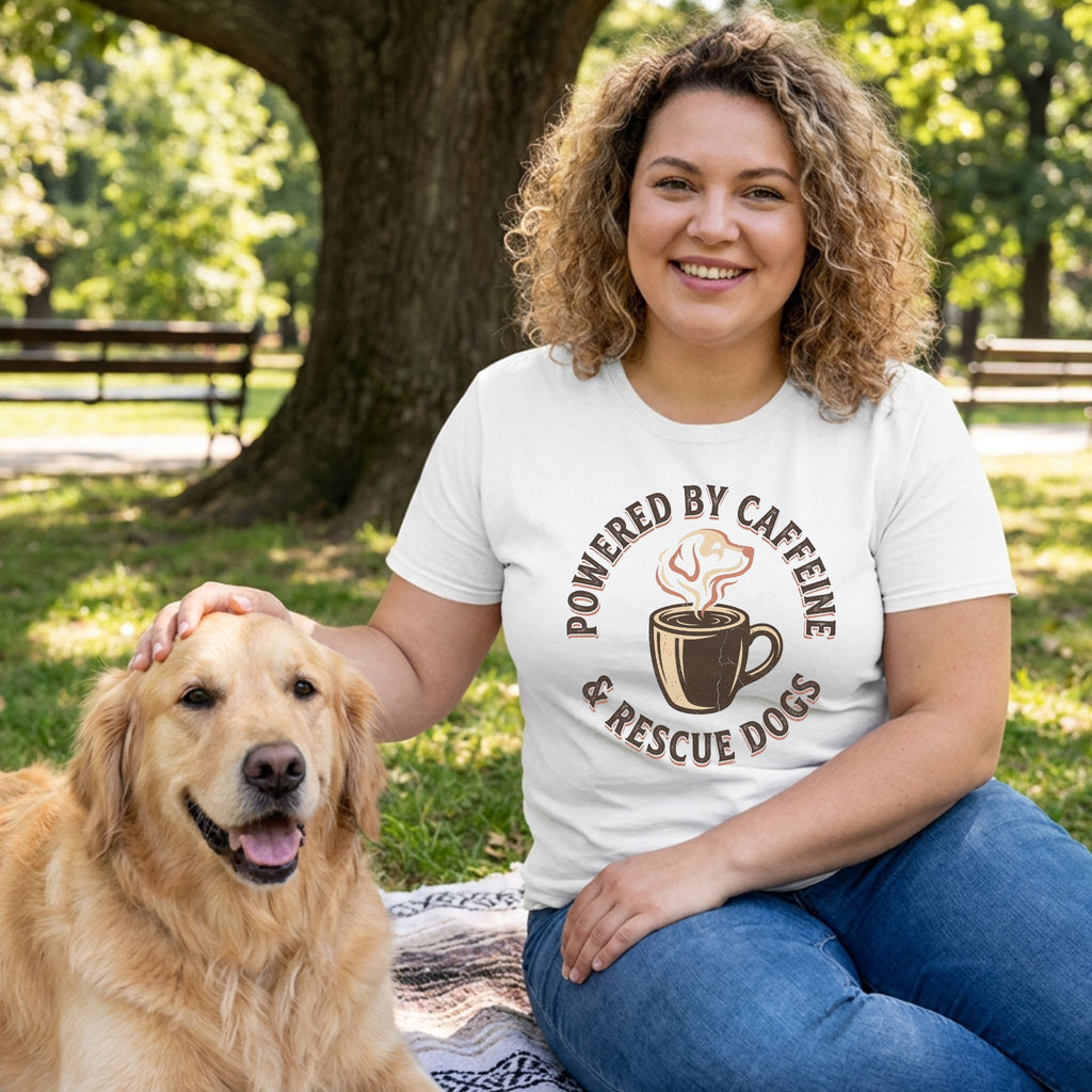 Woman in white "Powered By Caffeine & Rescue Dogs" tee, petting a golden retriever in a park.