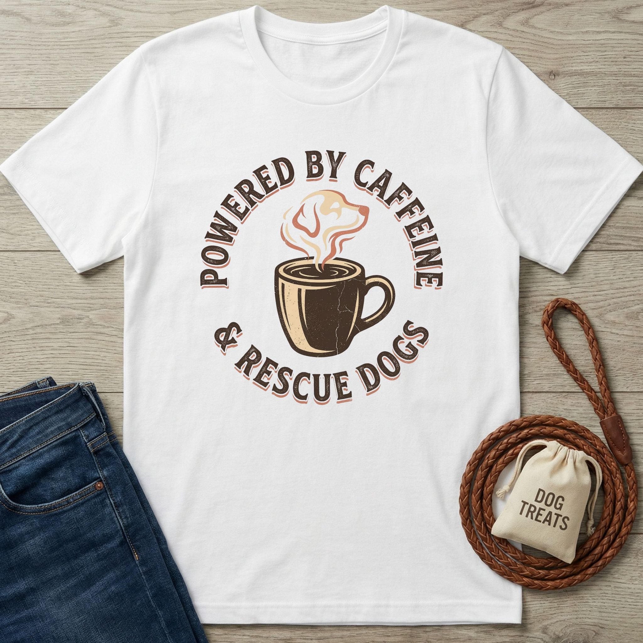 White Gildan Softstyle t-shirt with "Powered By Caffeine & Rescue Dogs" graphic, coffee mug, and dog.