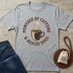 Light grey Gildan Softstyle® t-shirt with "Powered By Caffeine & Rescue Dogs" graphic, coffee cup, and dog.