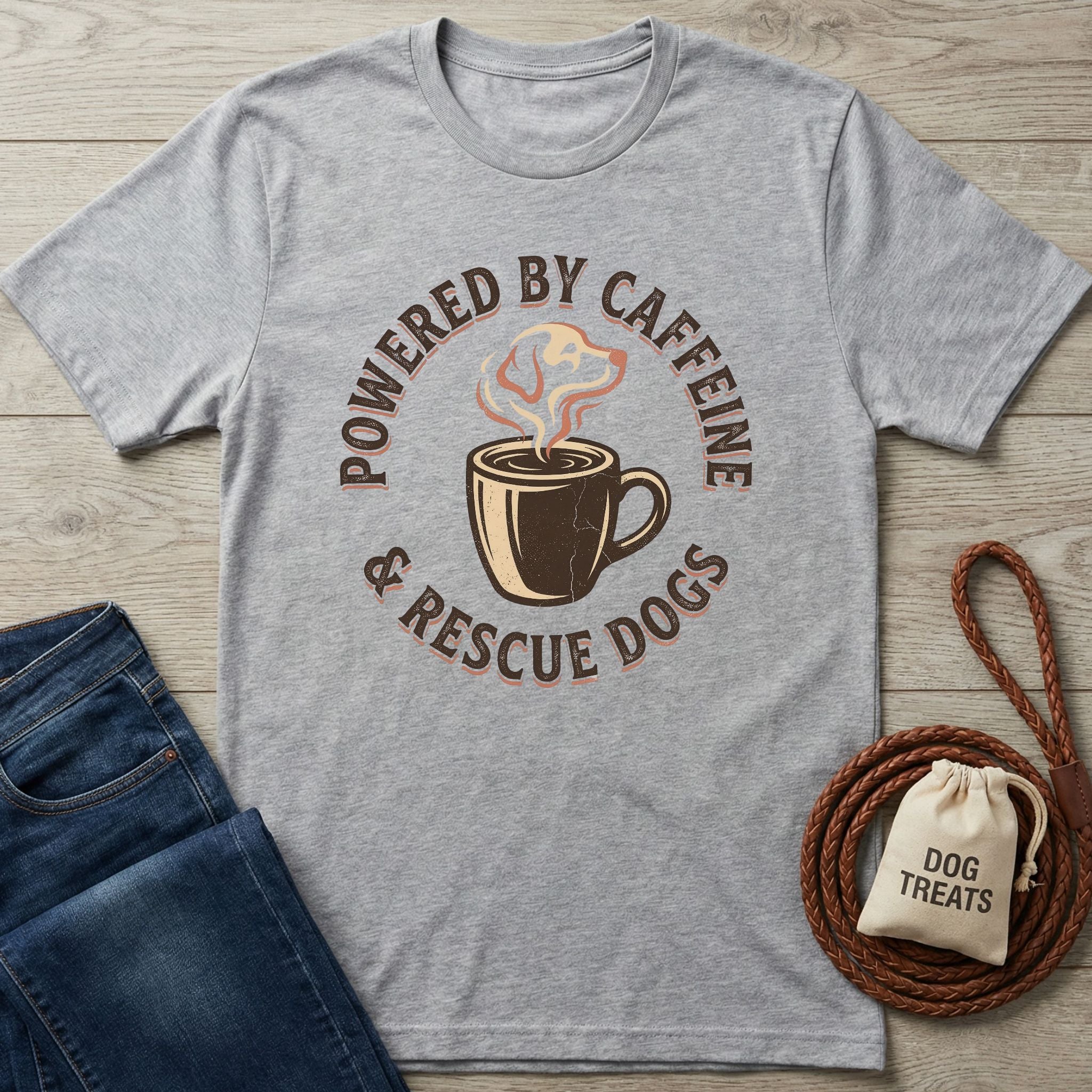 Light grey Gildan Softstyle® t-shirt with "Powered By Caffeine & Rescue Dogs" graphic, coffee cup, and dog.
