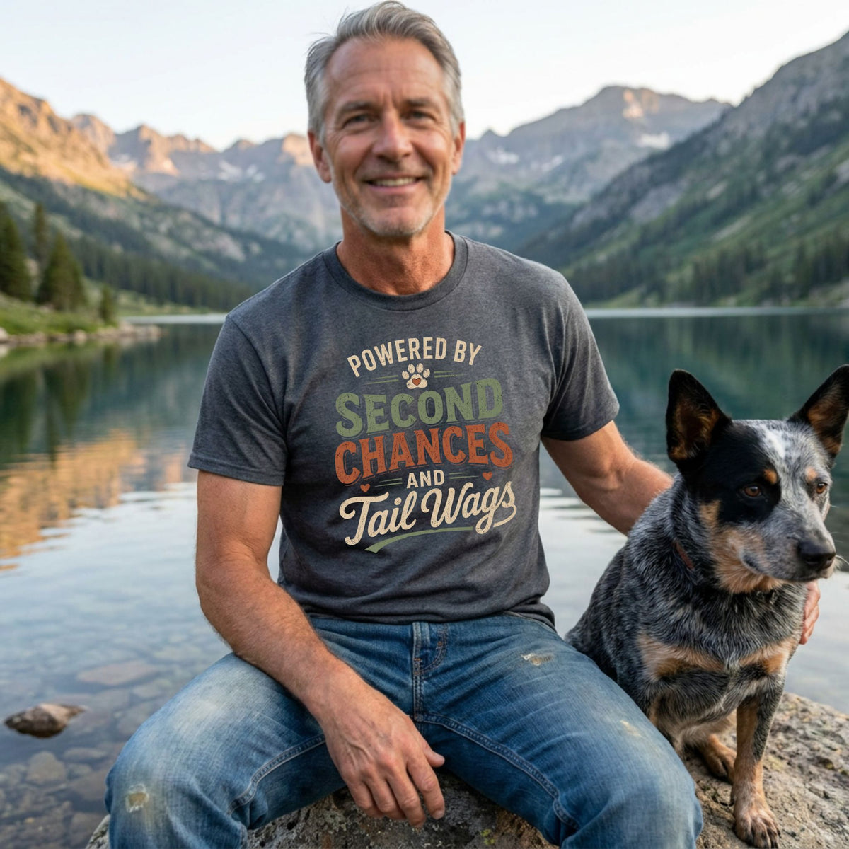 Man wearing a charcoal grey t-shirt with Powered By Second Chances and Tail Wags text, sitting by a mountain lake with a dog.