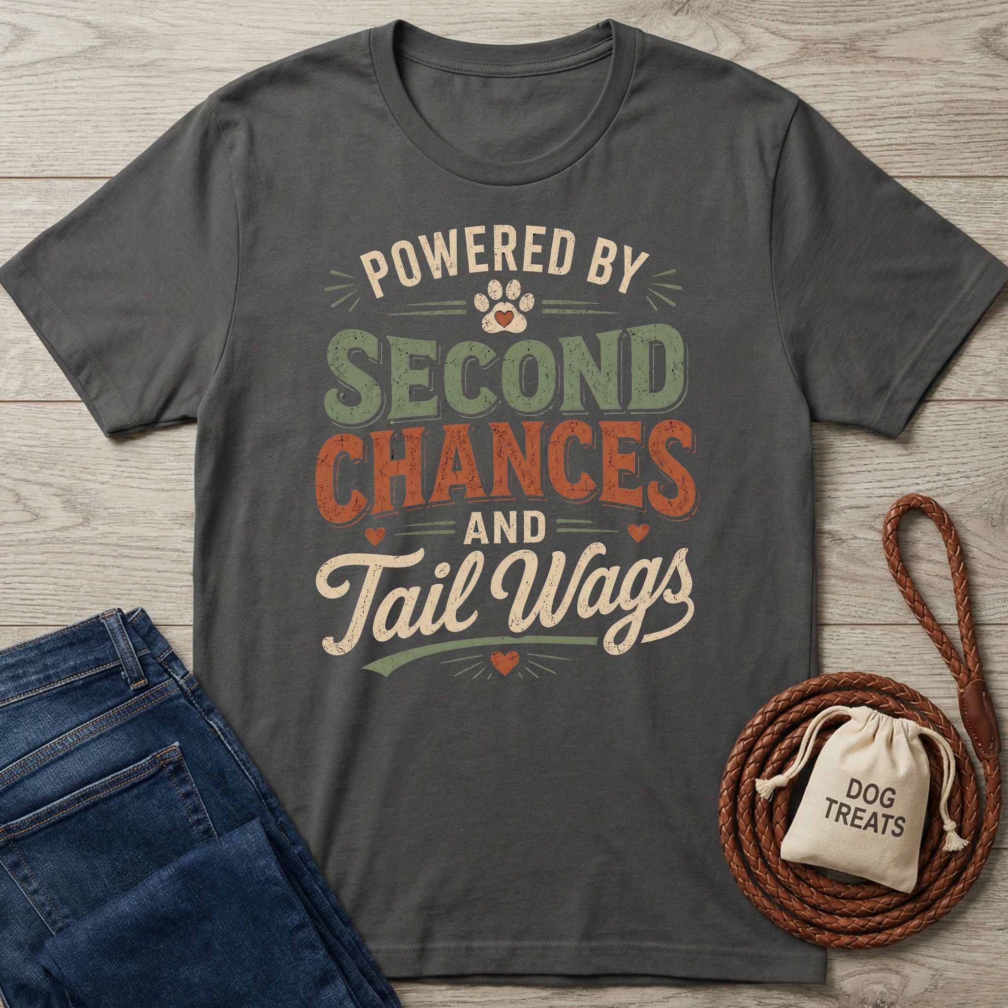 Dark grey Gildan Softstyle t-shirt with "Powered By Second Chances and Tail Wags" design, next to jeans and dog treats.