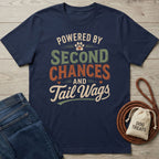 Navy blue Gildan Softstyle® t-shirt with "Powered By Second Chances and Tail Wags" design.