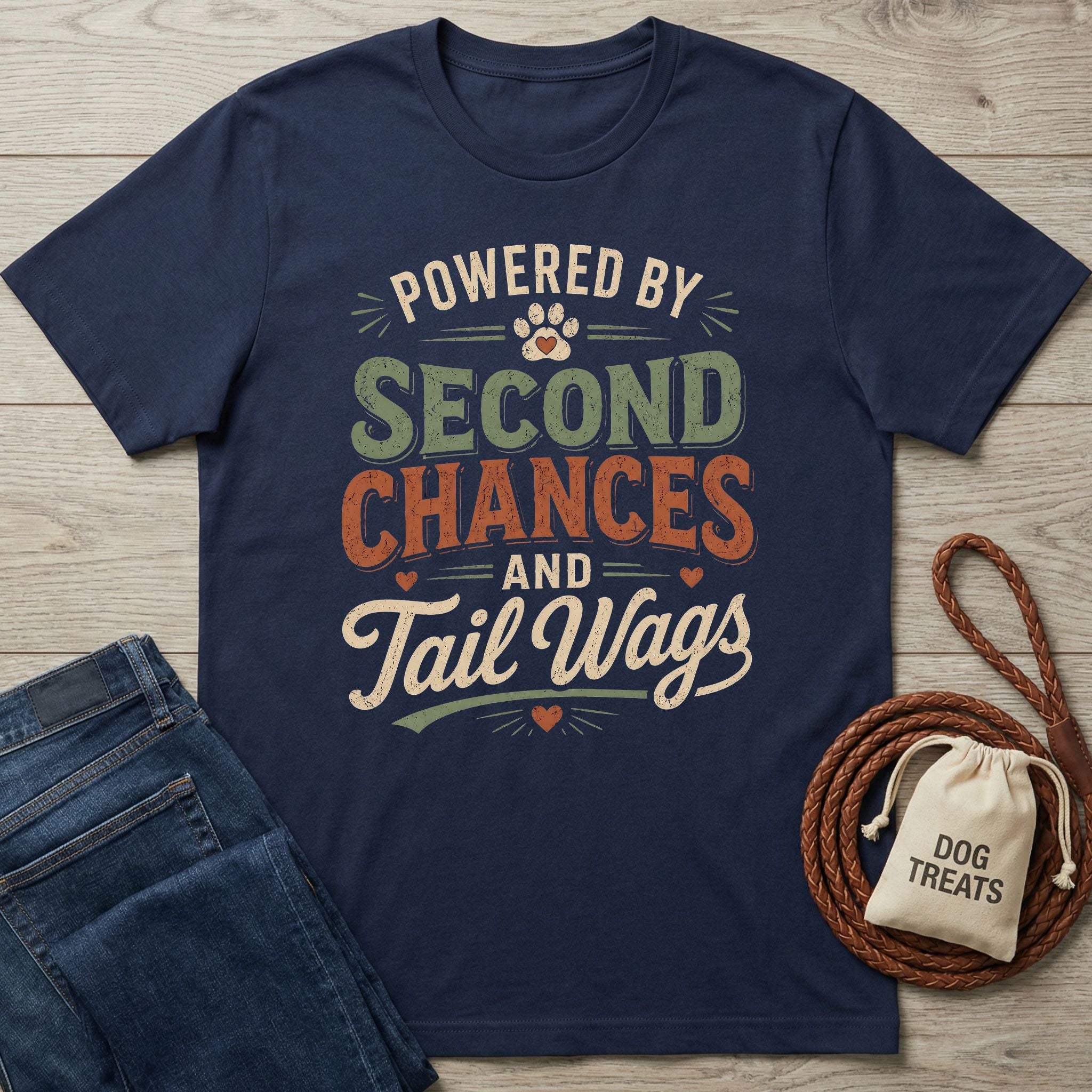 Navy blue Gildan Softstyle® t-shirt with "Powered By Second Chances and Tail Wags" design.