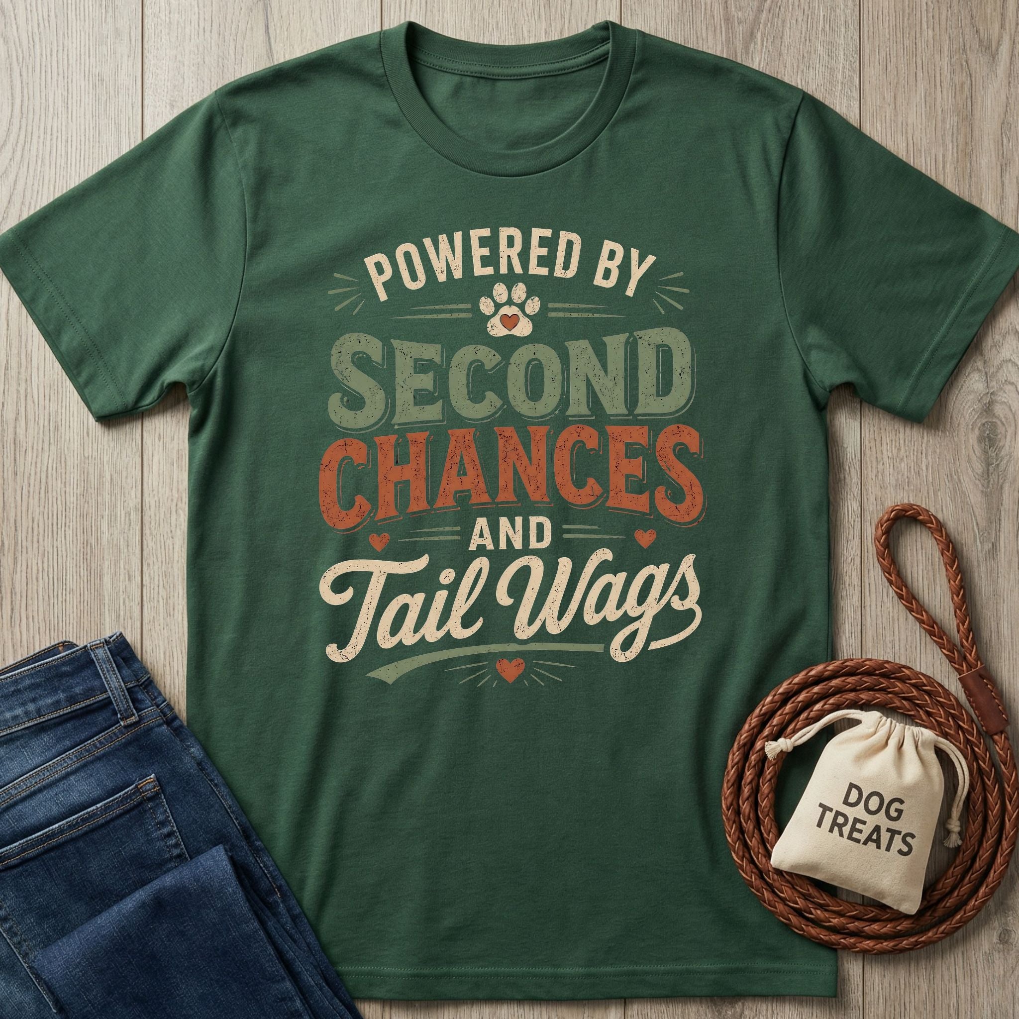 Forest green "Powered By Second Chances and Tail Wags" t-shirt with jeans and dog treats.