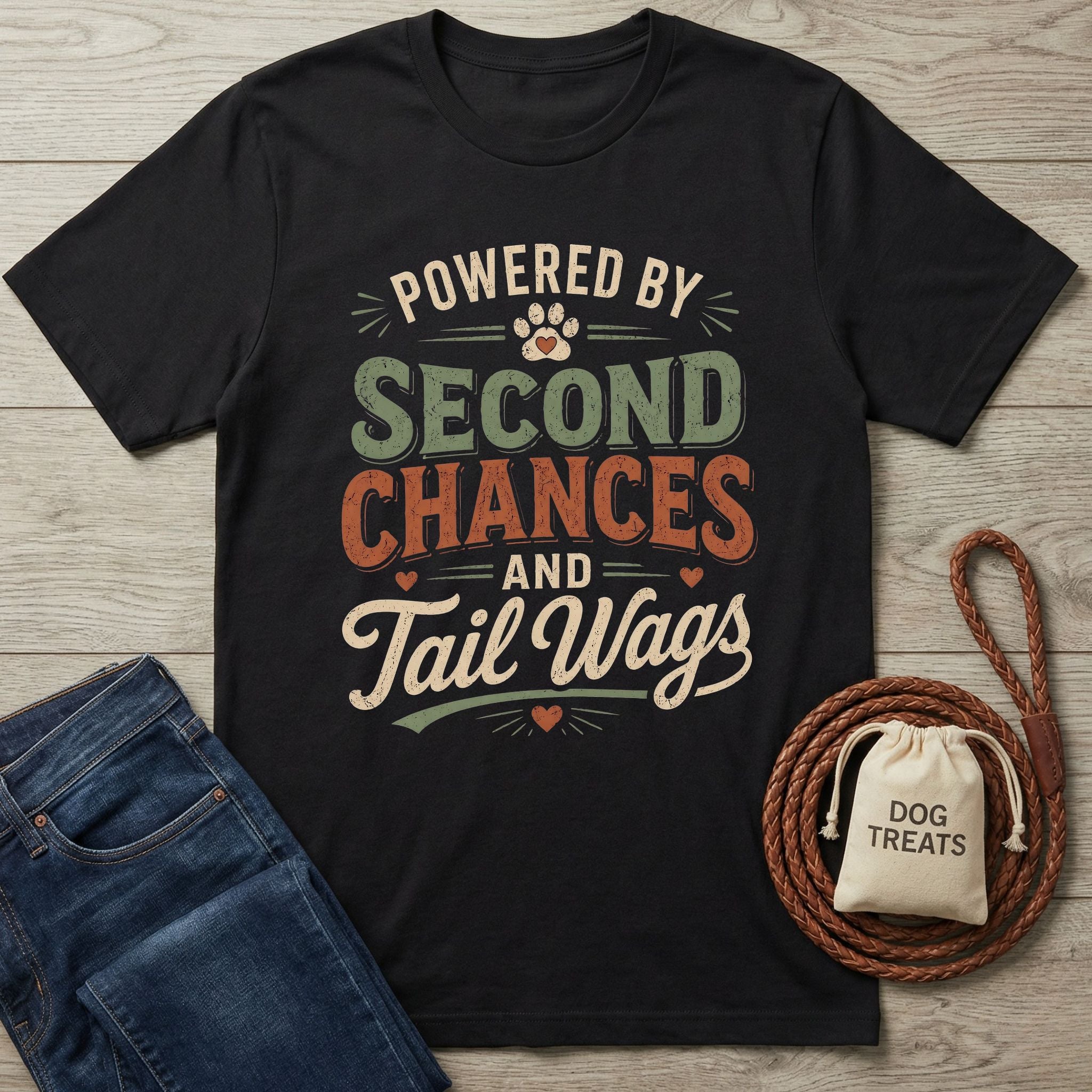 Black Gildan Softstyle® t-shirt with "Powered By Second Chances and Tail Wags" design, dog treats, and jeans.