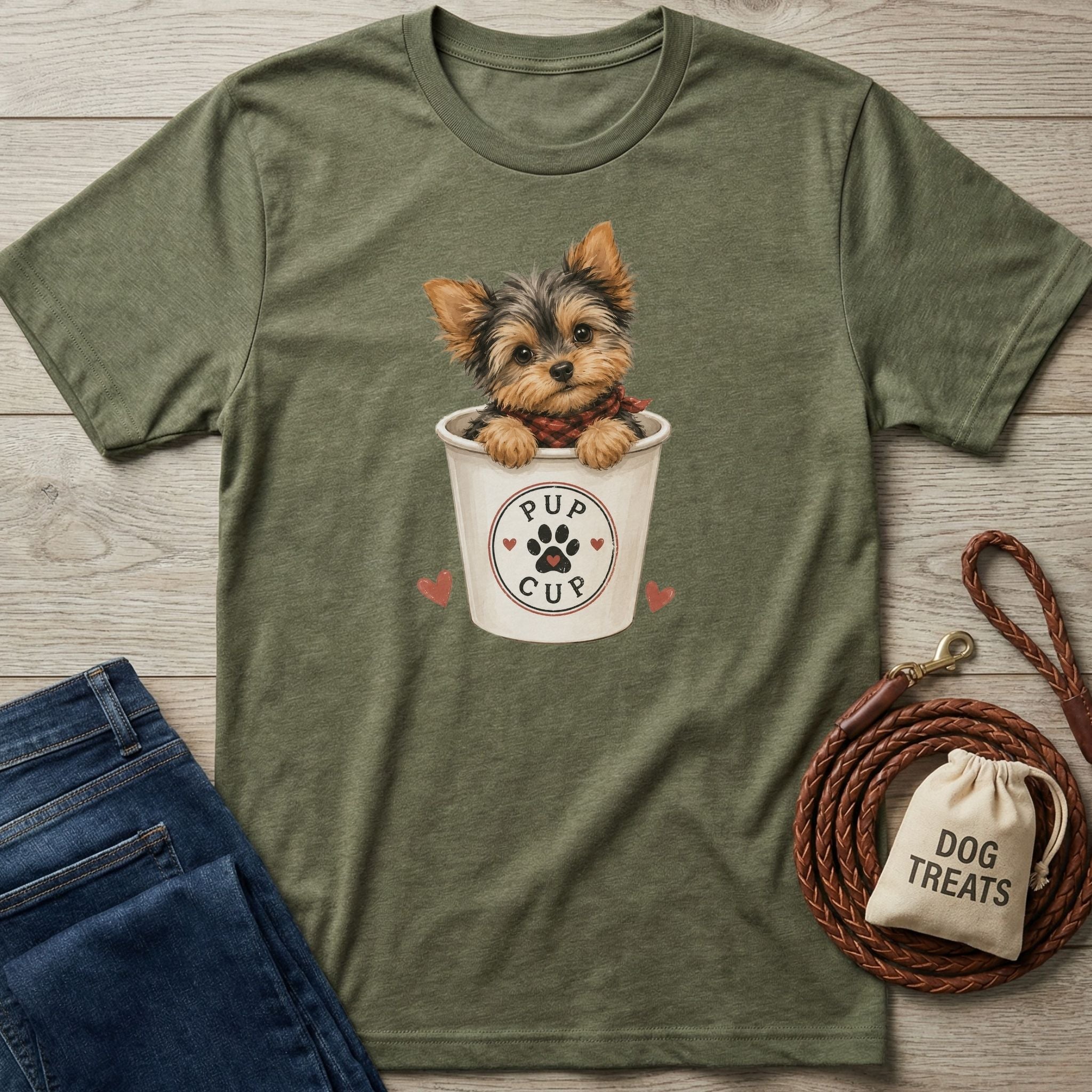Olive green crewneck t-shirt featuring a cute Yorkshire terrier in a Pup Cup graphic with a paw print and red hearts.