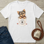 White cotton t-shirt featuring a cute Yorkshire Terrier in a Pup Cup graphic with red hearts on a wooden background.