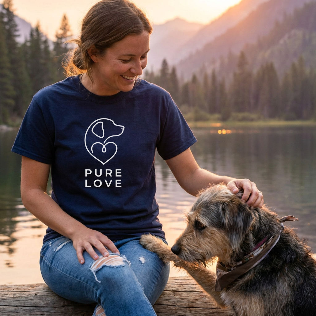 Woman in a navy "Pure Love" dog tee petting a rescue dog by a lake at sunset.