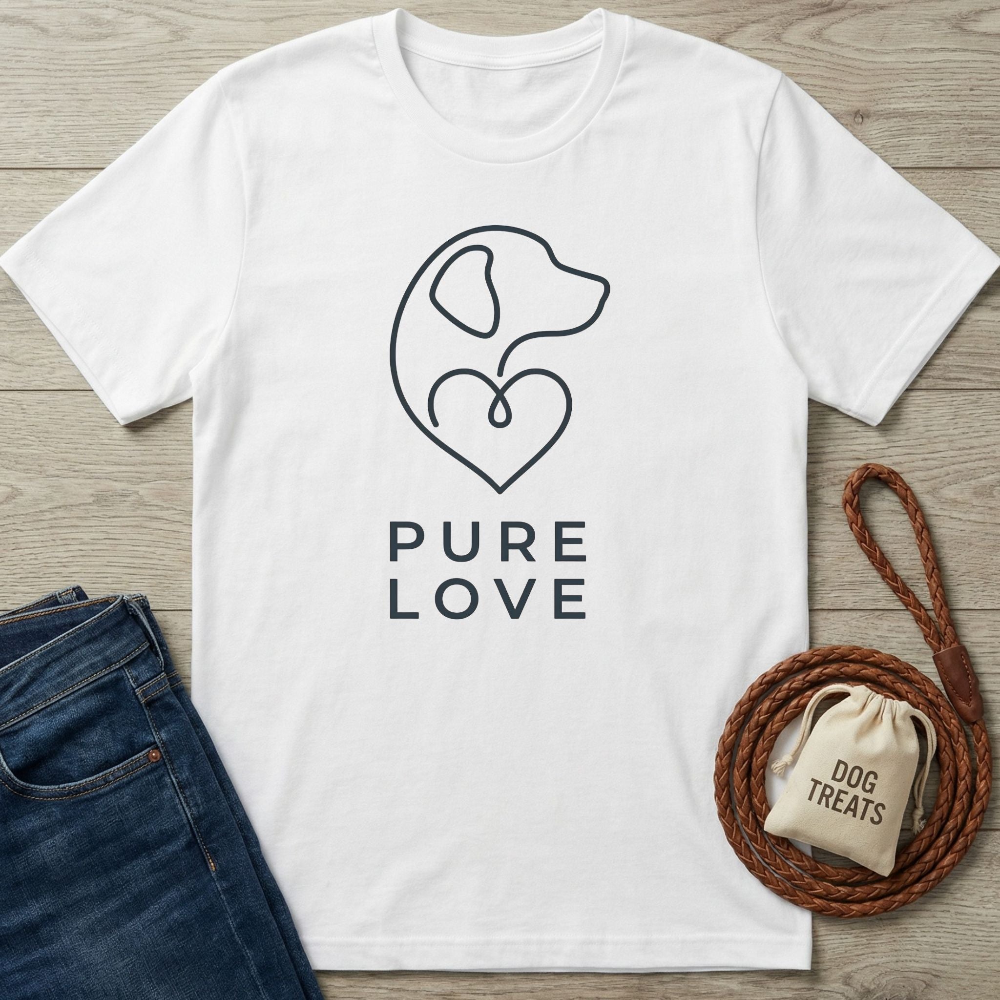 White Gildan Softstyle® 64000 t-shirt with a "Pure Love" dog and heart graphic, next to jeans and a dog leash.