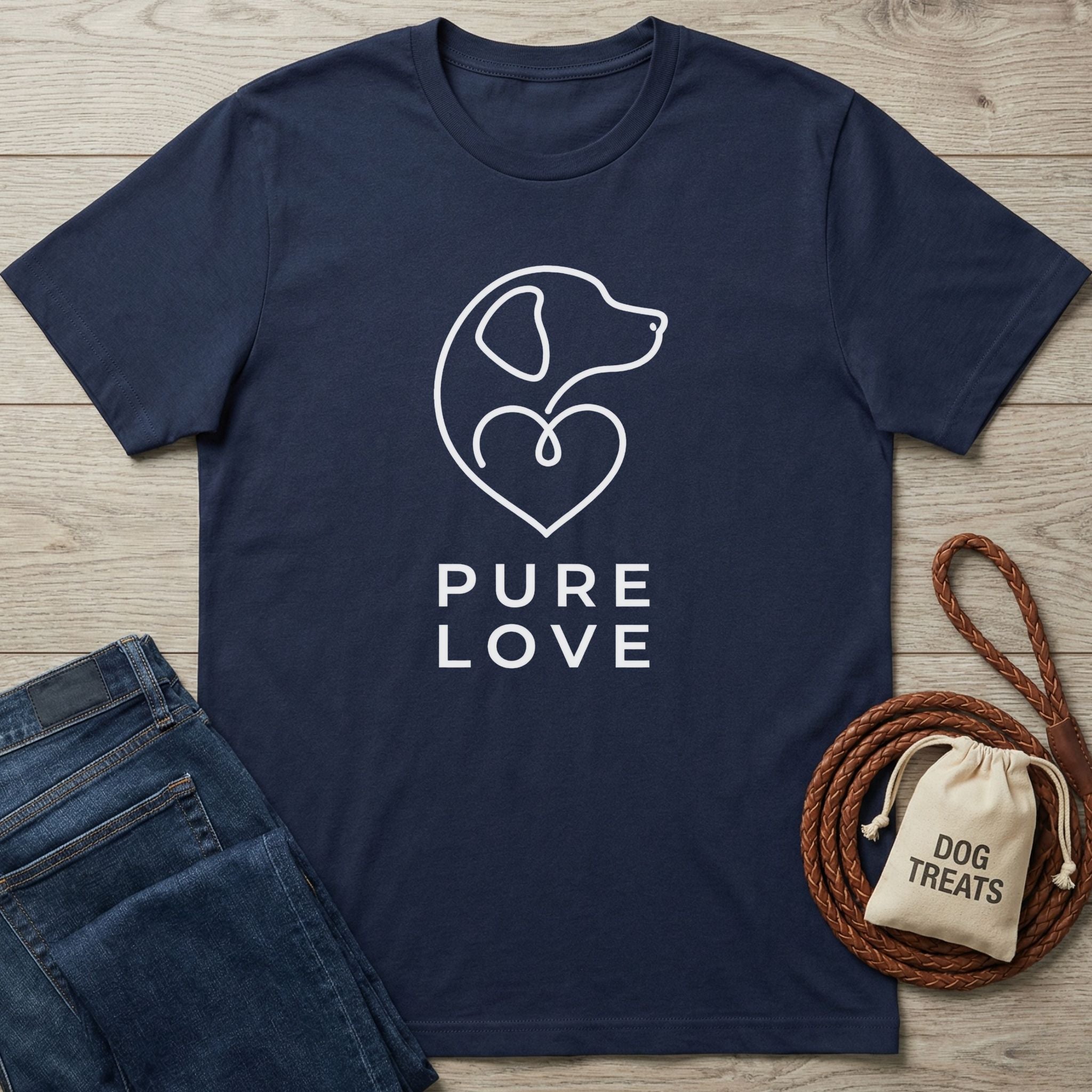 Navy blue Gildan Softstyle® 64000 t-shirt with a white "Pure Love" dog and heart graphic, next to jeans and dog treats.