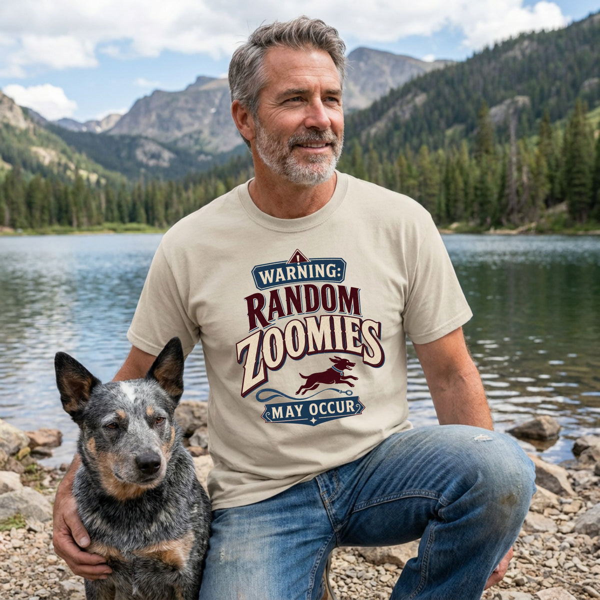 Man wearing a beige crewneck t-shirt with a vintage-style Random Zoomies graphic, posing outdoors with a blue heeler dog.