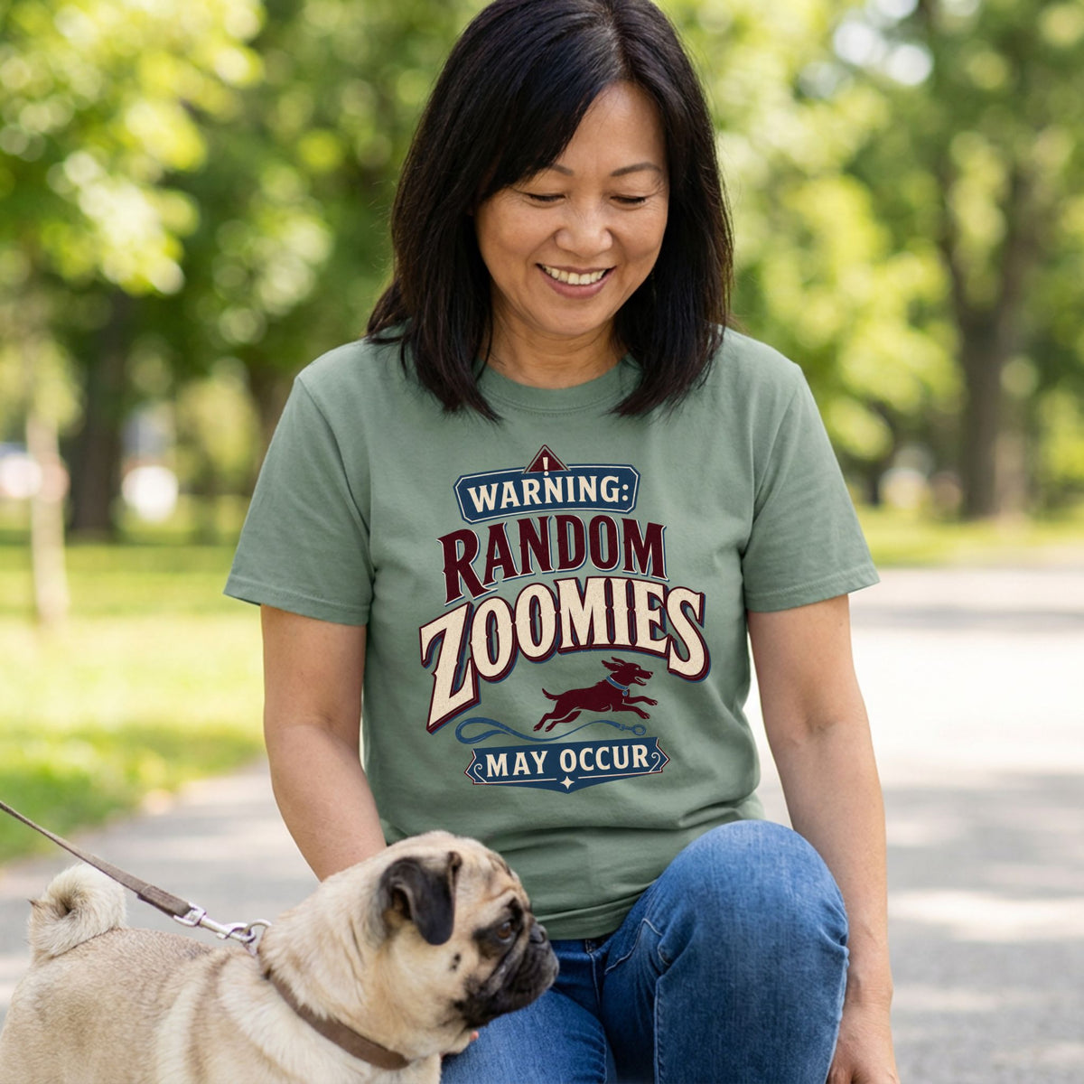Woman wearing a sage green crewneck t-shirt with a vintage Random Zoomies graphic, featuring a running dog illustration.