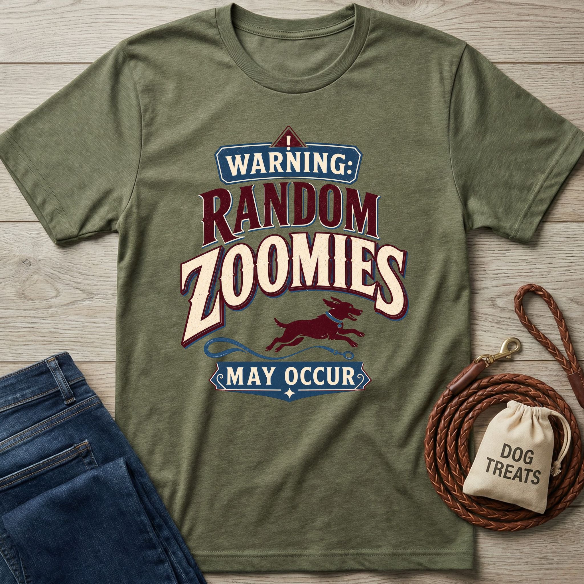 Olive green vintage-style t-shirt featuring a dog zoomies graphic, laid flat with jeans, a leather leash, and a treat bag.