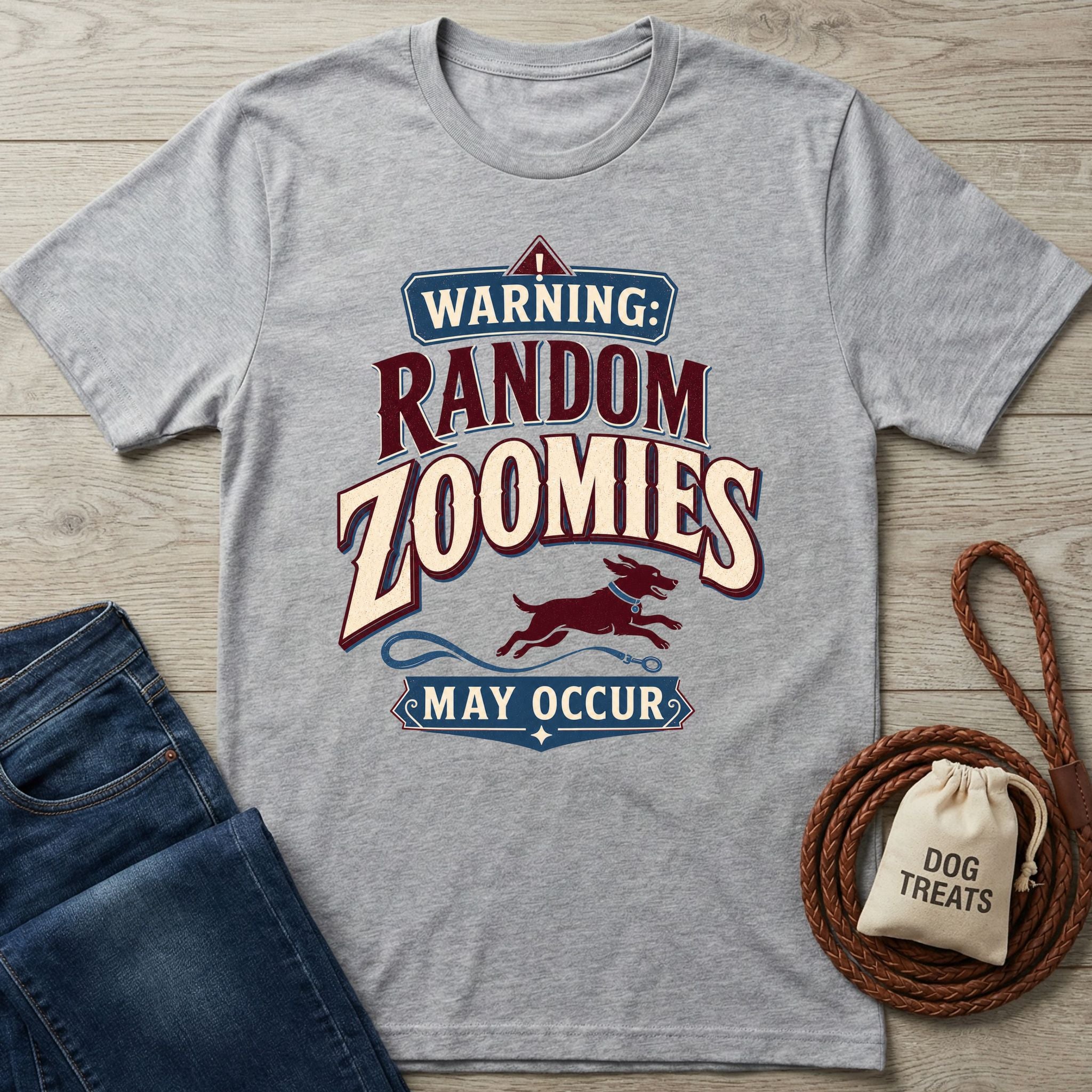 Grey vintage-style t-shirt featuring a red and blue graphic of a running dog with the text Warning: Random Zoomies May Occur.