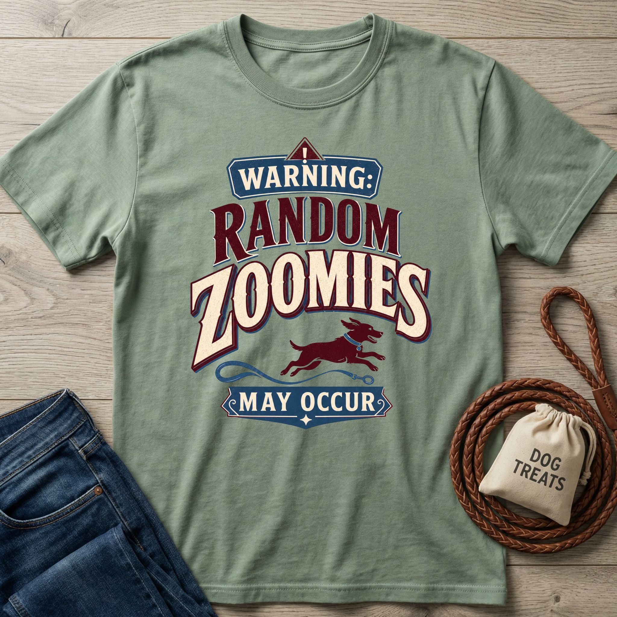 Sage green cotton t-shirt with vintage-style Random Zoomies dog graphic, displayed on a wooden surface with a leash.