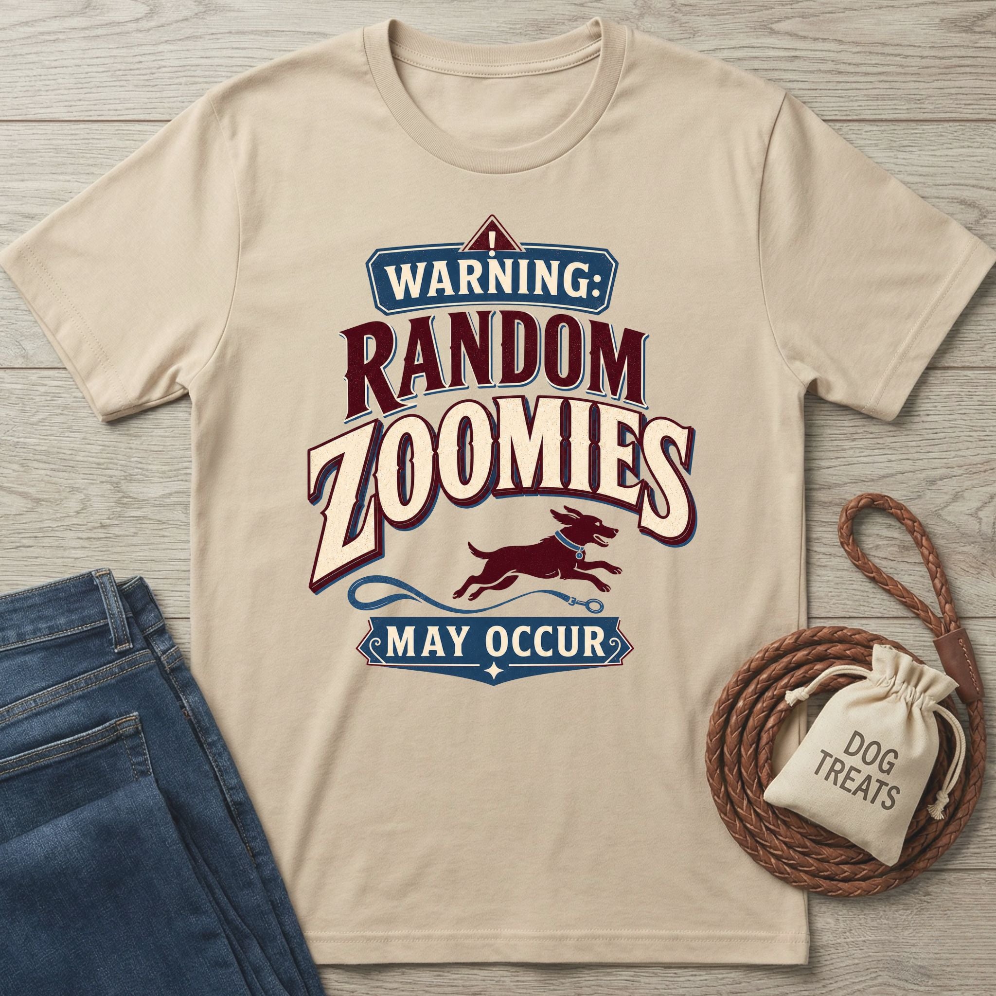 Beige crewneck t-shirt featuring a vintage-style graphic of a running dog with the text Warning: Random Zoomies May Occur.