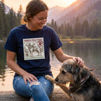 Woman in a navy blue "Official Reindeer Replacement" t-shirt petting a dog by a lake at sunset.