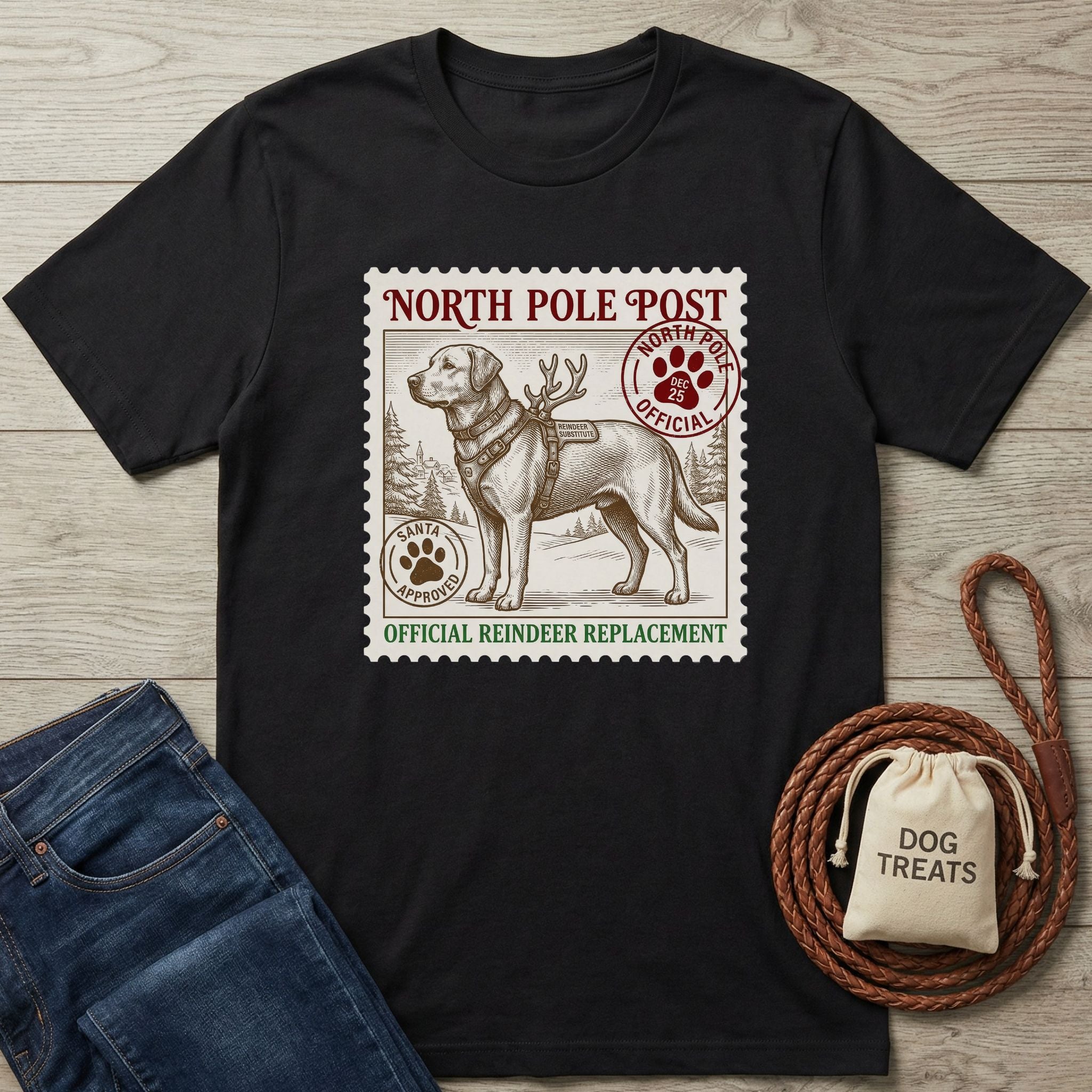Black Gildan Softstyle t-shirt with a "North Pole Post Official Reindeer Replacement" stamp graphic featuring a dog.