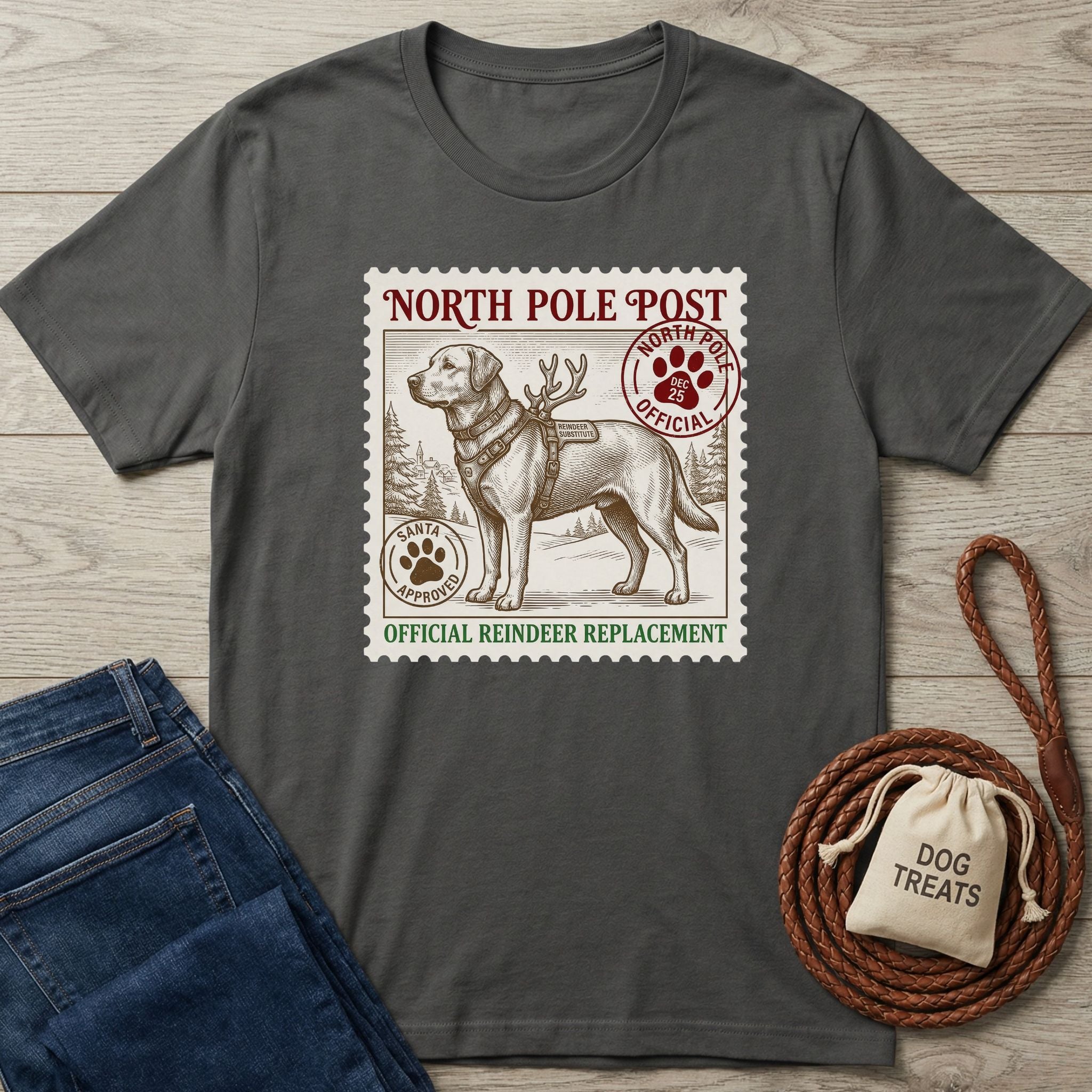 Charcoal grey Gildan Softstyle® t-shirt with a "North Pole Post Official Reindeer Replacement" stamp design featuring a yellow lab.