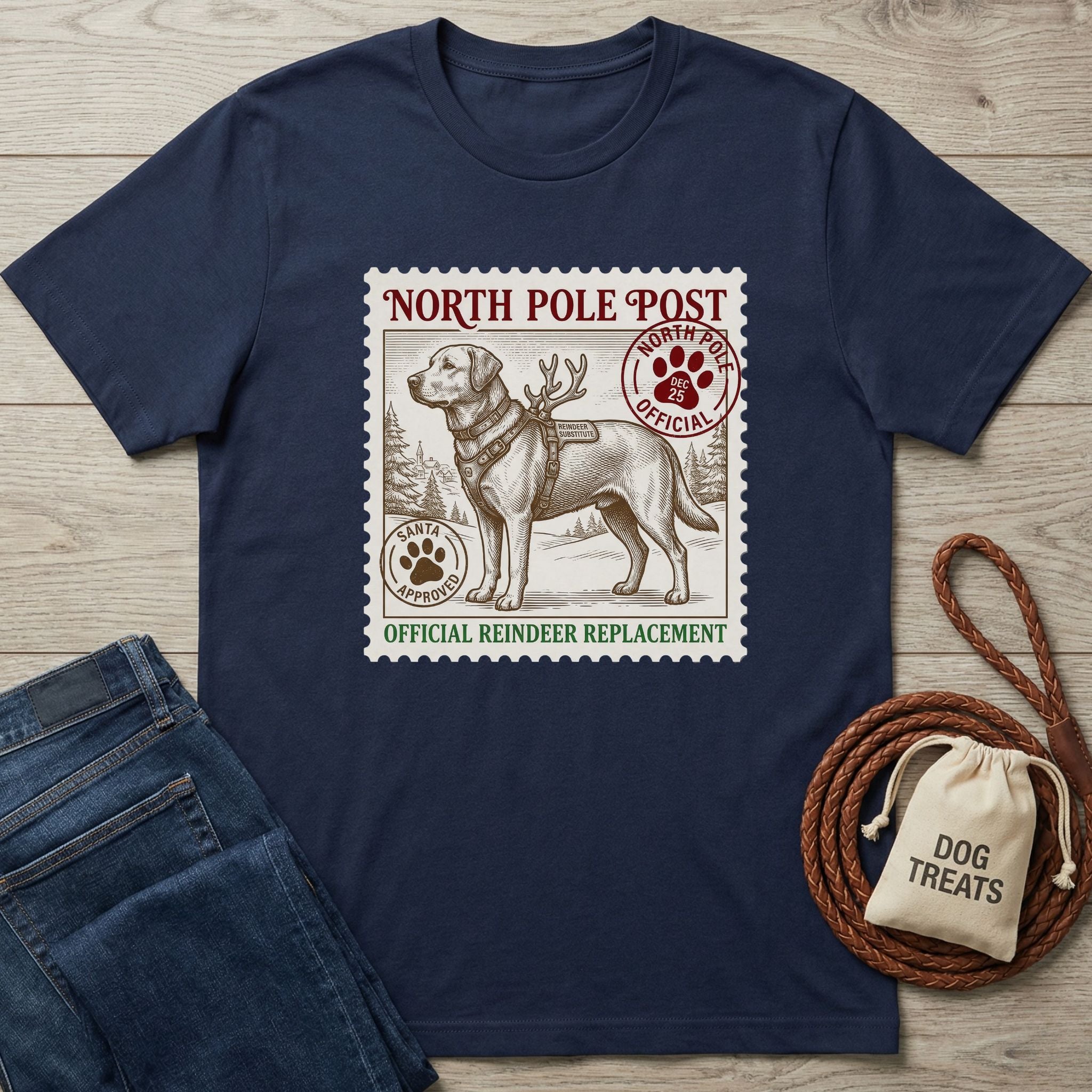 Navy blue Gildan Softstyle® t-shirt with a vintage "Official Reindeer Replacement" dog stamp graphic.