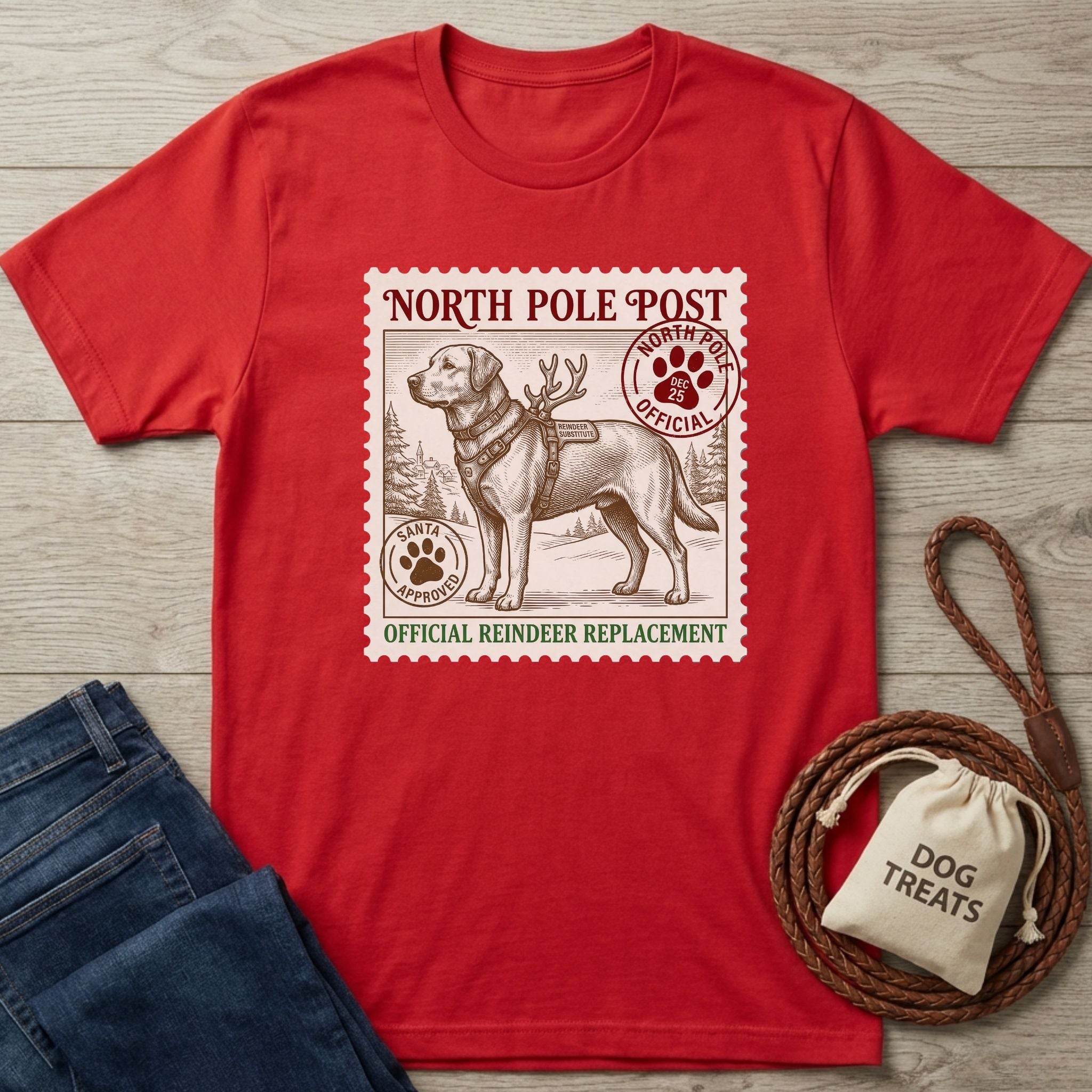 Red Gildan Softstyle® 64000 tee with a "North Pole Post Official Reindeer Replacement" stamp graphic featuring a dog.