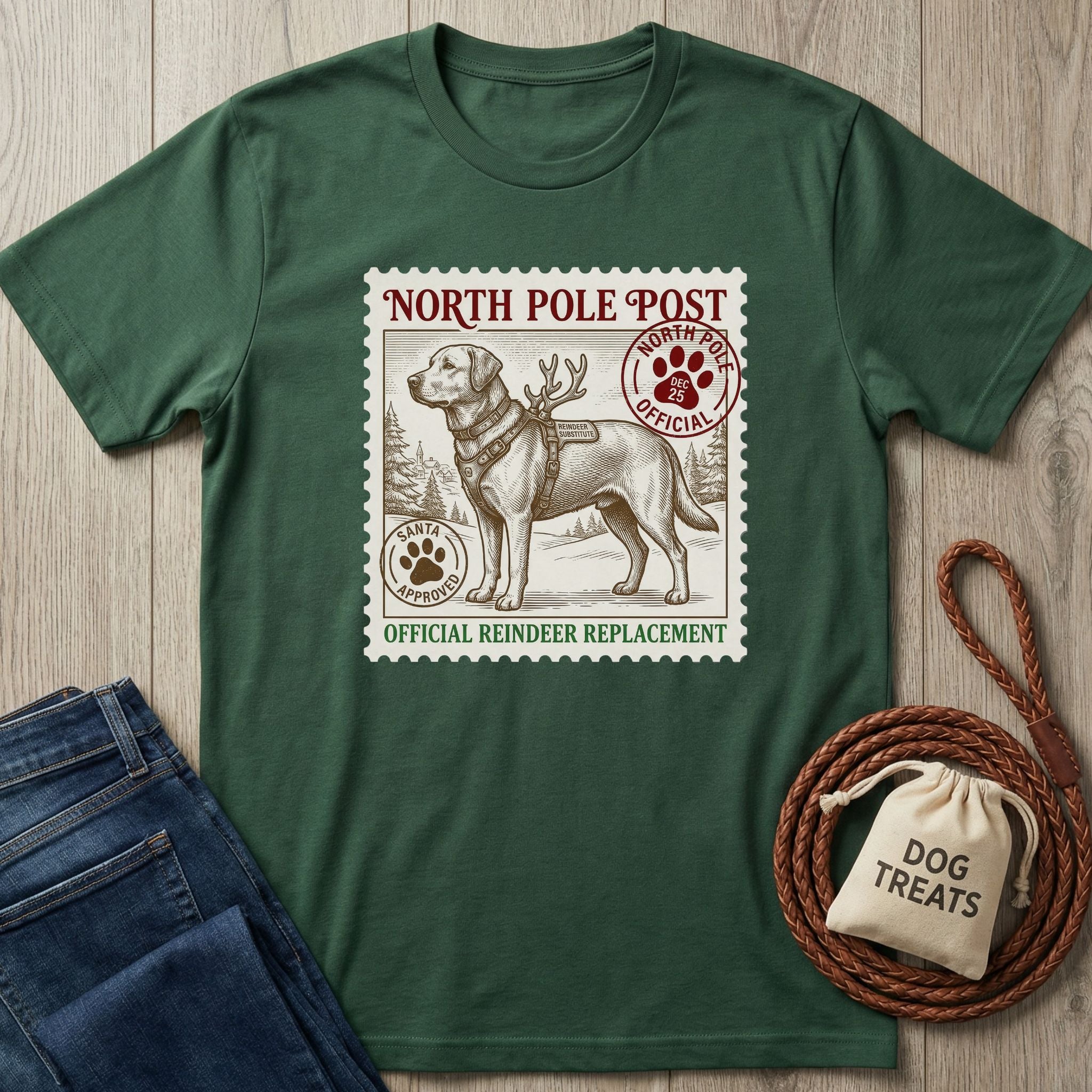 Dark green Gildan Softstyle t-shirt with a "North Pole Post Official Reindeer Replacement" stamp design featuring a dog.