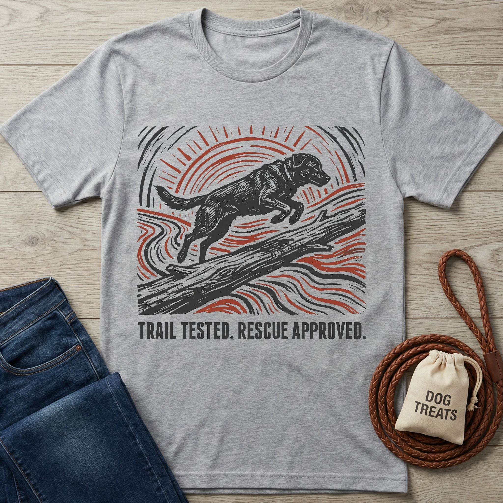 Grey crewneck t-shirt featuring a black and orange woodblock-style graphic of a dog jumping over a log.