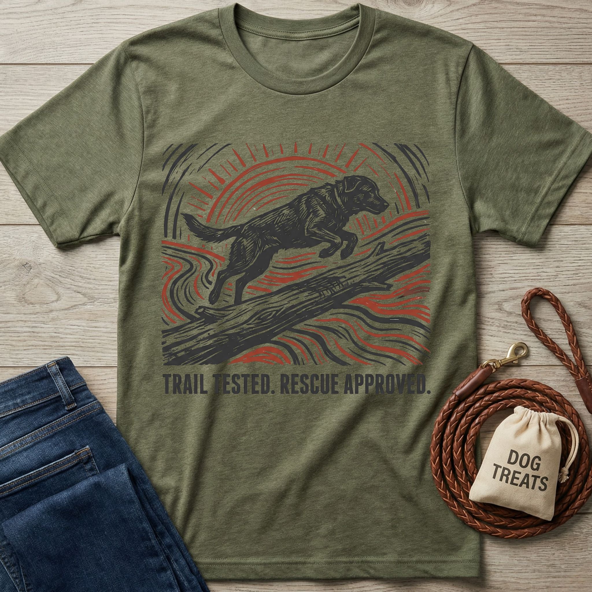 Olive green t-shirt featuring a woodblock-style print of a dog leaping over a log with the text Trail Tested, Rescue Approved.