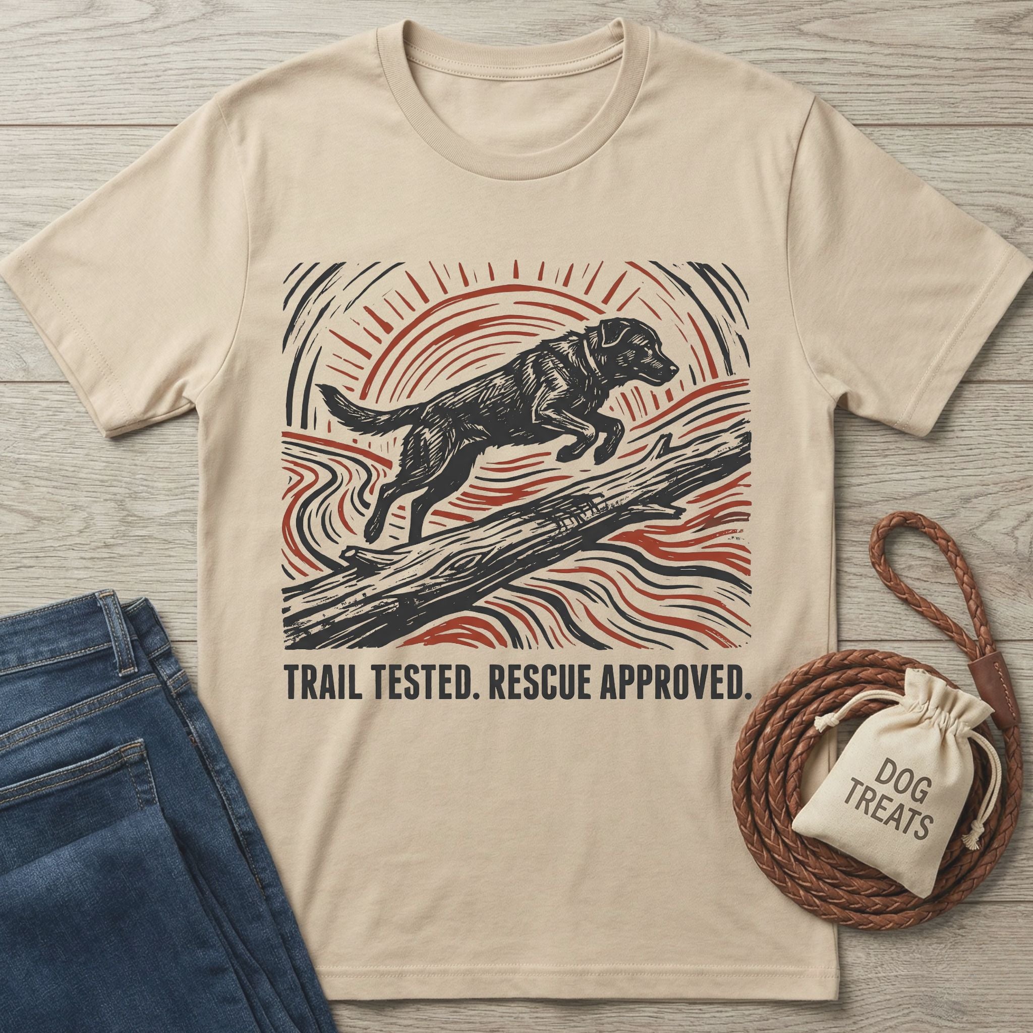 Beige crewneck t-shirt featuring a woodblock-style print of a dog jumping over a log with red and black sun rays.
