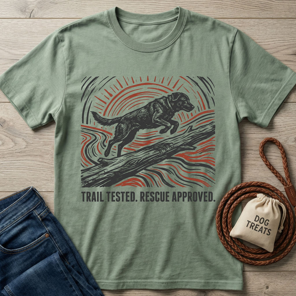 Sage green t-shirt featuring a black woodblock-style dog jumping over a log with red sun rays and the text Trail Tested, Rescue Approved.