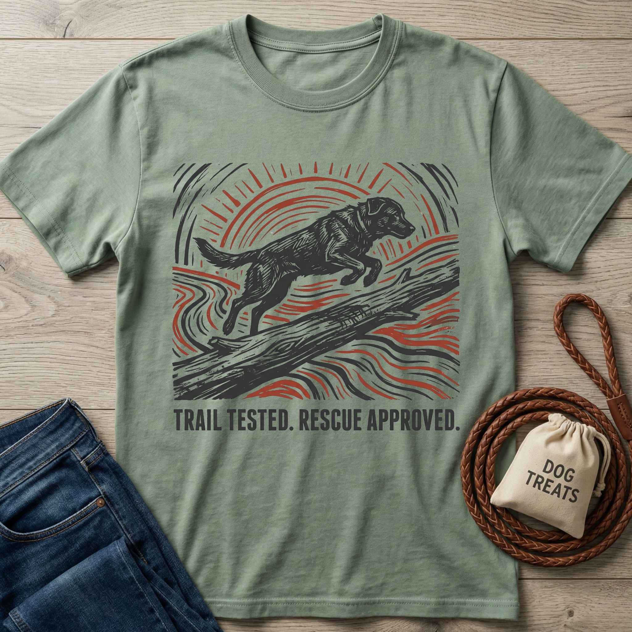 Sage green t-shirt featuring a black woodblock-style dog jumping over a log with red sun rays and the text Trail Tested, Rescue Approved.