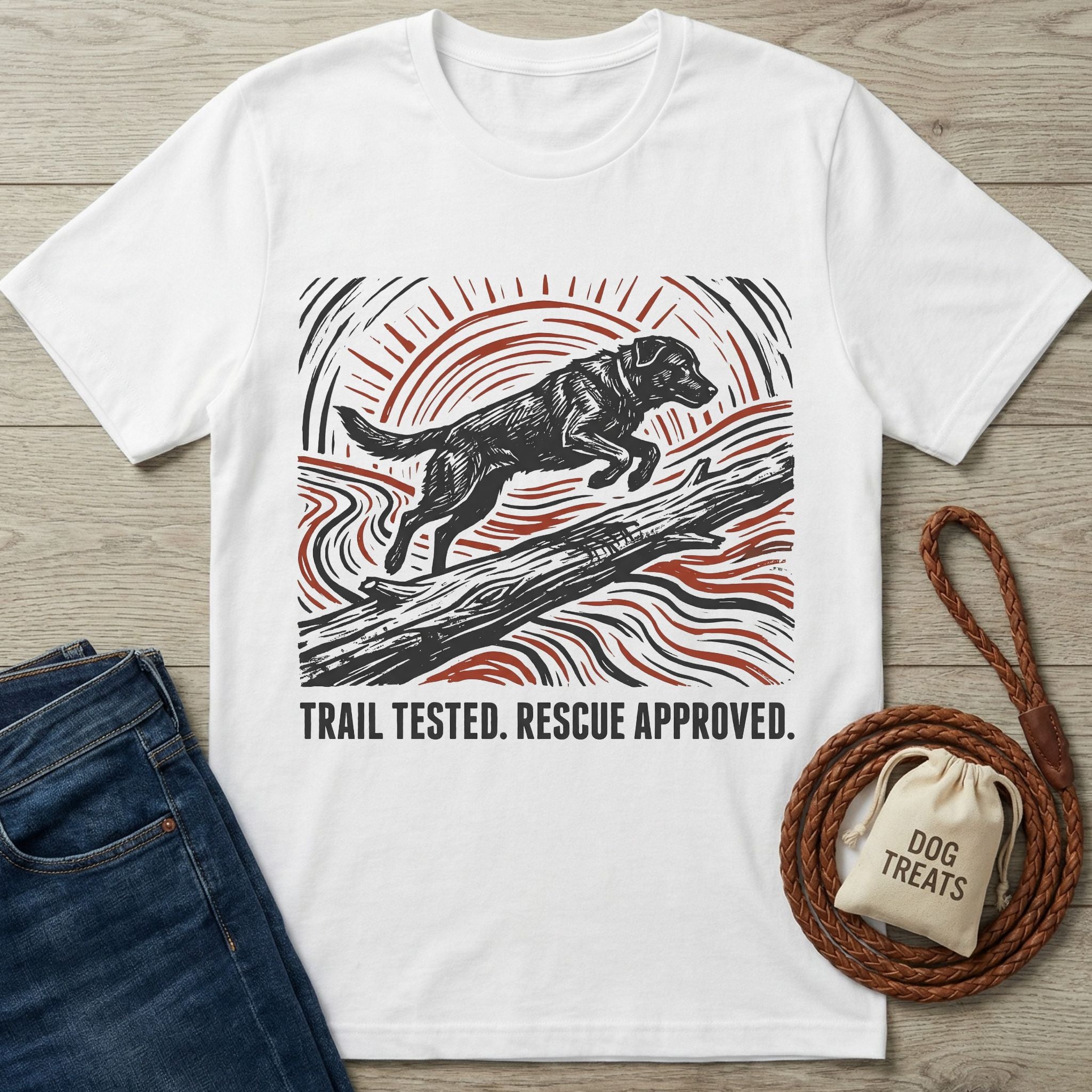 White t-shirt featuring a black and red woodblock-style print of a dog jumping over a log with the text Trail Tested. Rescue Approved.
