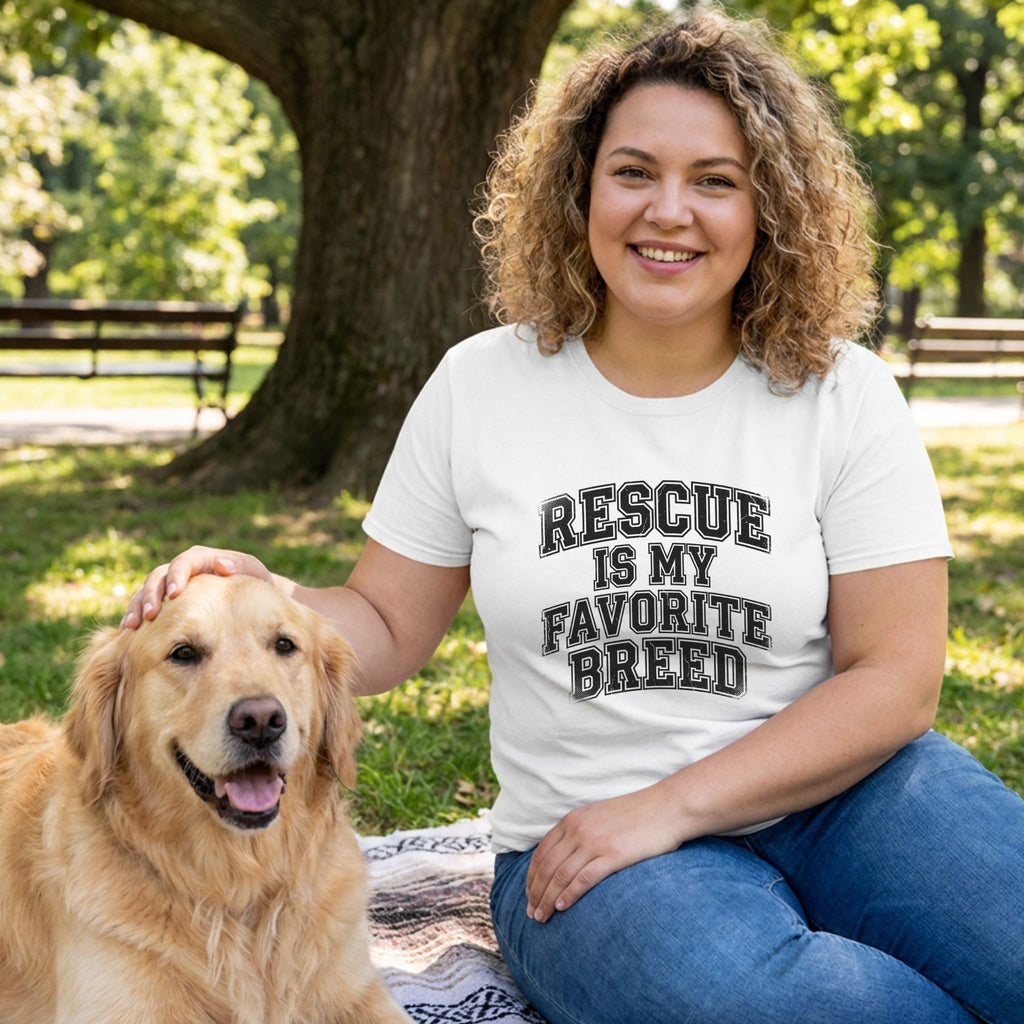 Woman in a white "Rescue Is My Favorite Breed" t-shirt petting a golden retriever in a park.