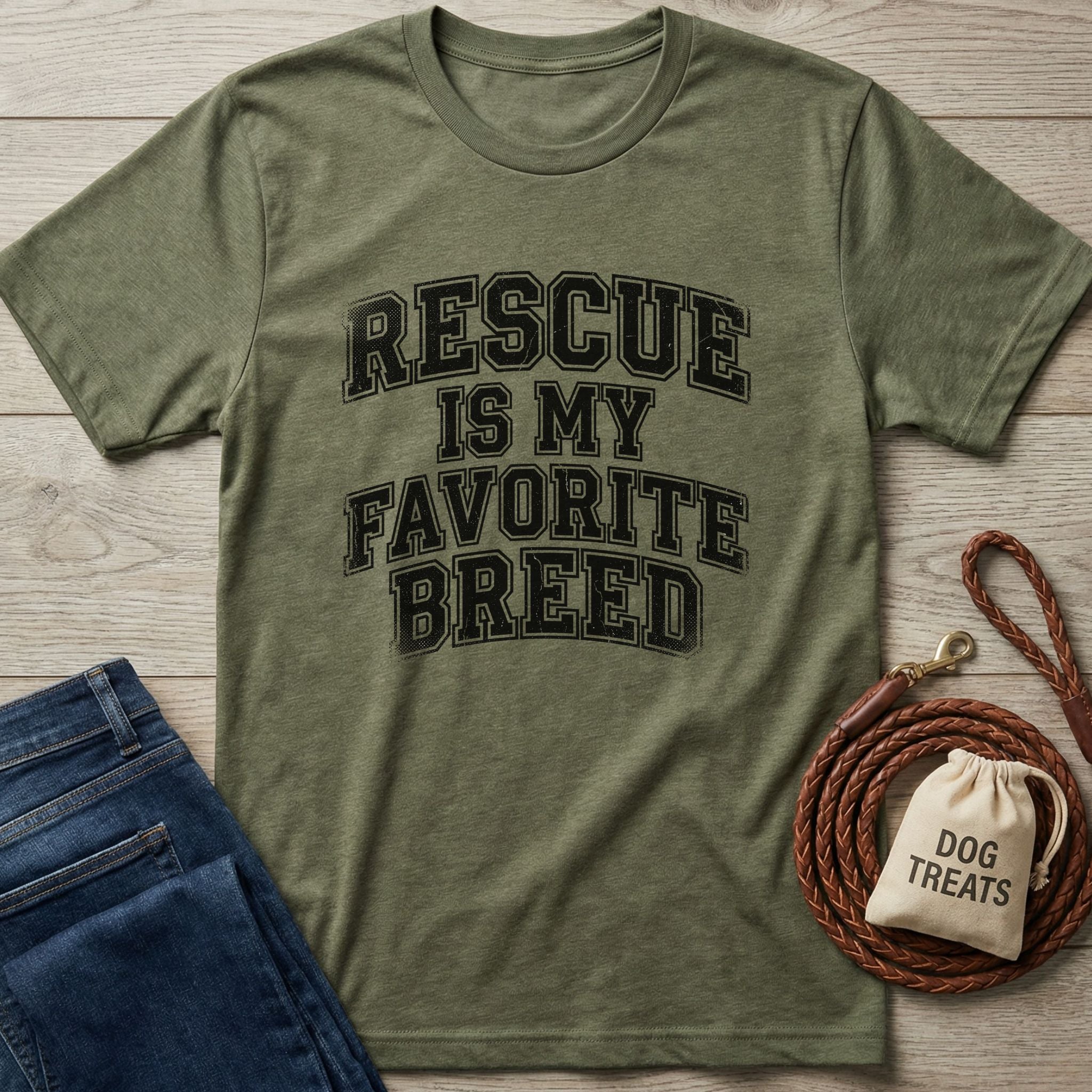Olive green "Rescue Is My Favorite Breed" t-shirt with jeans, a coiled leather leash, and a "Dog Treats" bag.