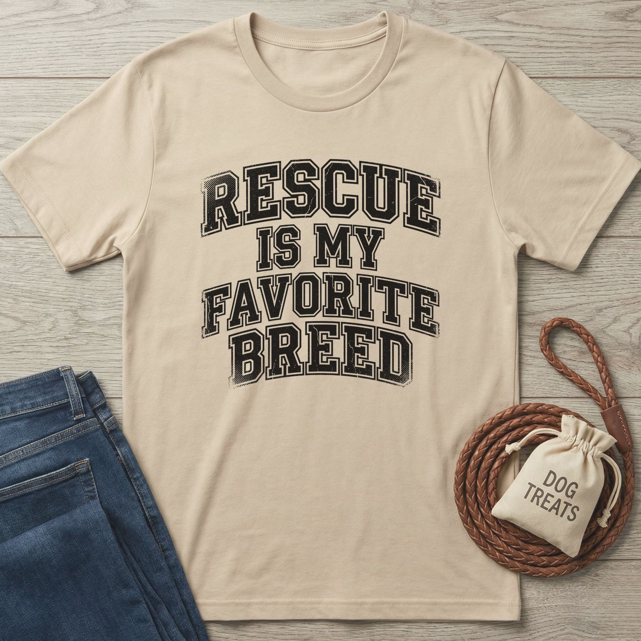 Beige Gildan Softstyle t-shirt with "RESCUE IS MY FAVORITE BREED" in distressed black text, next to jeans and dog treats.