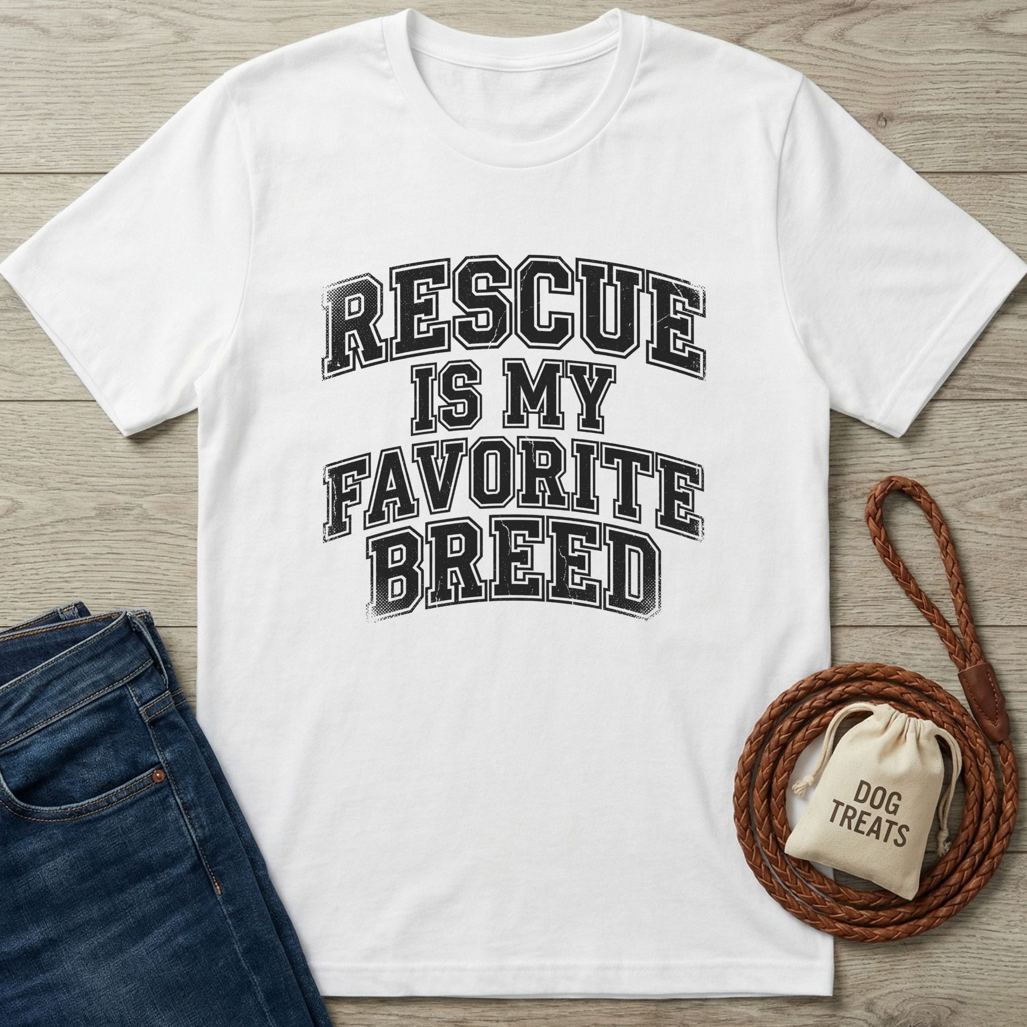 White Gildan Softstyle t-shirt with "Rescue Is My Favorite Breed" text, next to jeans and dog treats.