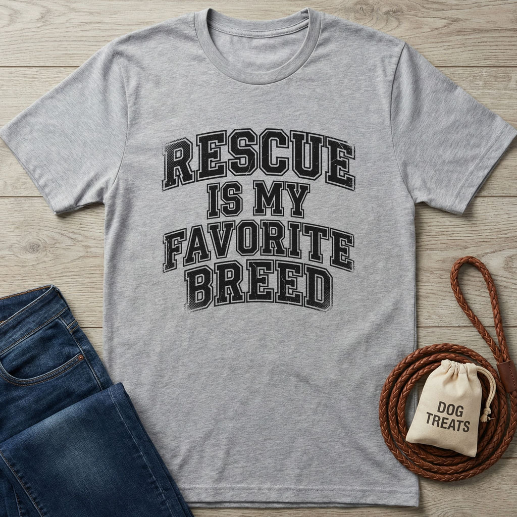 Heather grey Gildan Softstyle t-shirt with "Rescue Is My Favorite Breed" text, beside jeans and dog treats.