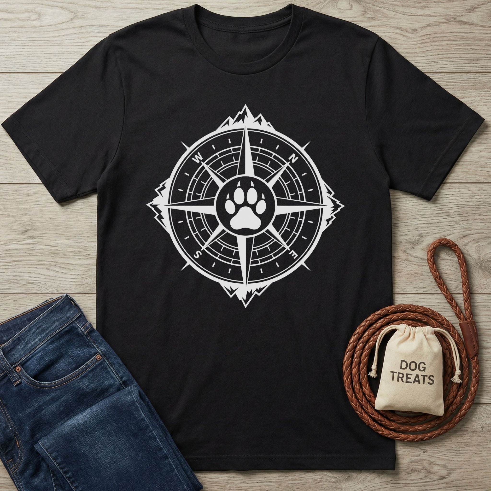 Black t-shirt featuring a white compass design with a central paw print, mountain peak, and jagged border.