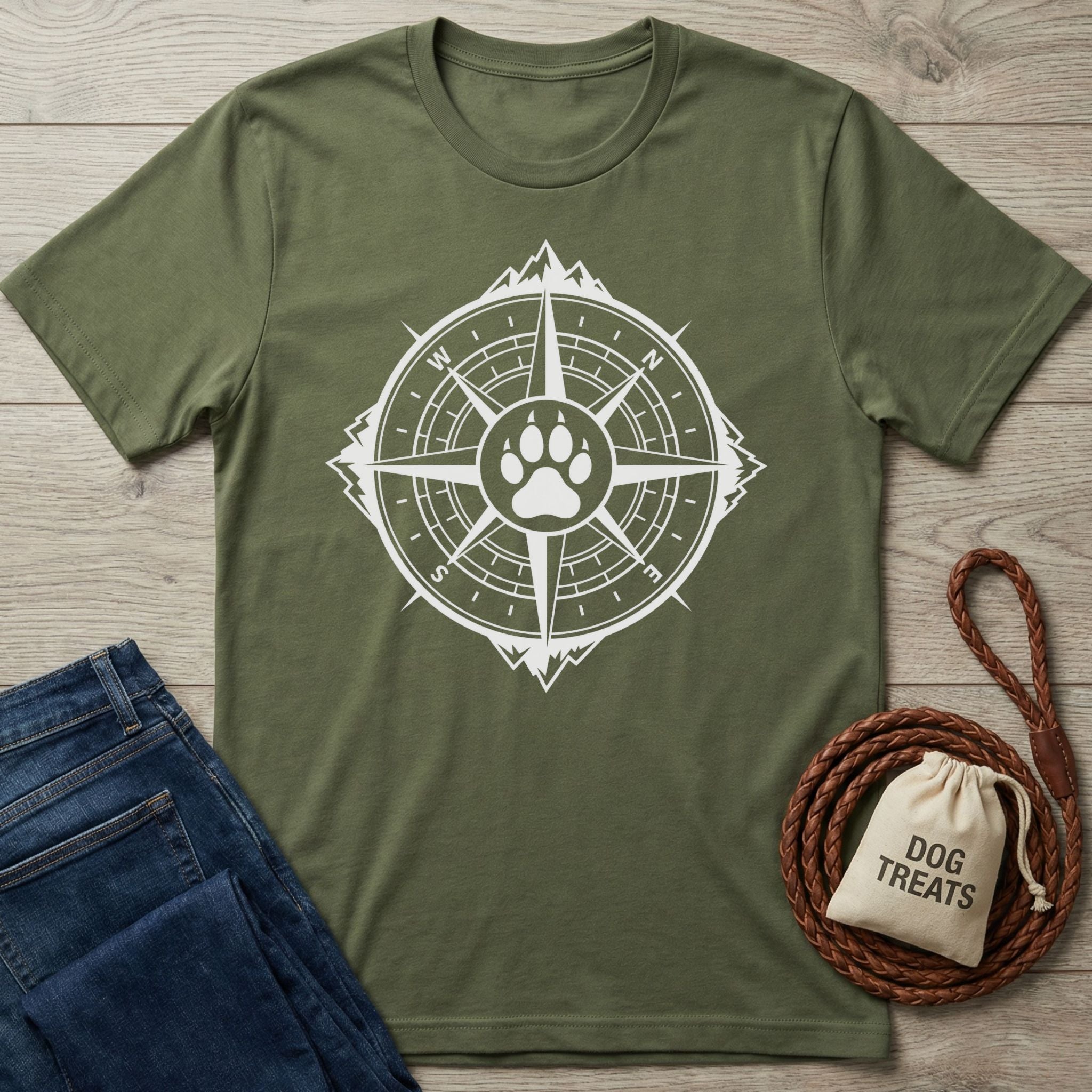 Olive green cotton t-shirt featuring a white compass design with a central paw print and mountain peak detail.