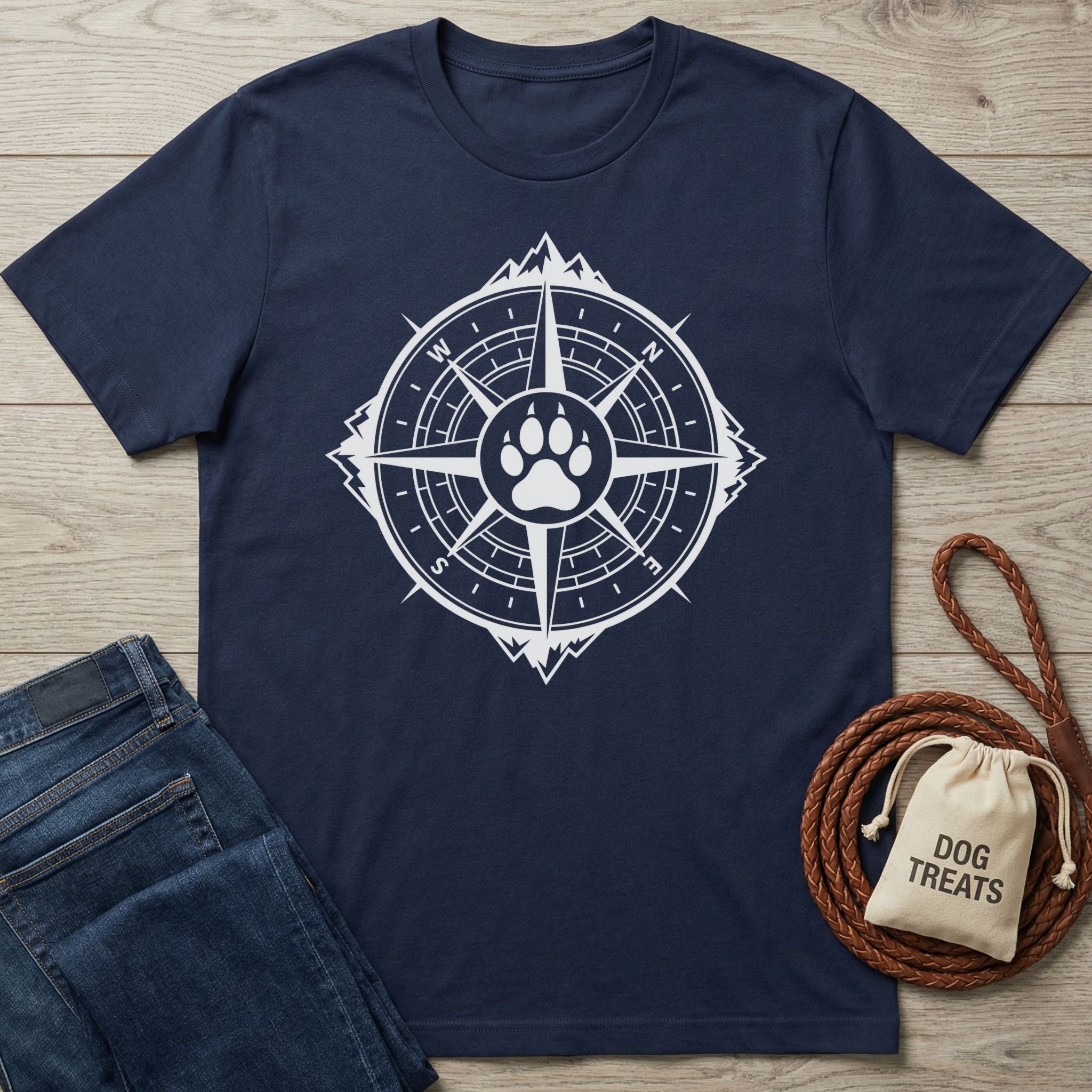 Navy blue cotton t-shirt featuring a white compass design with a central paw print and jagged mountain border.